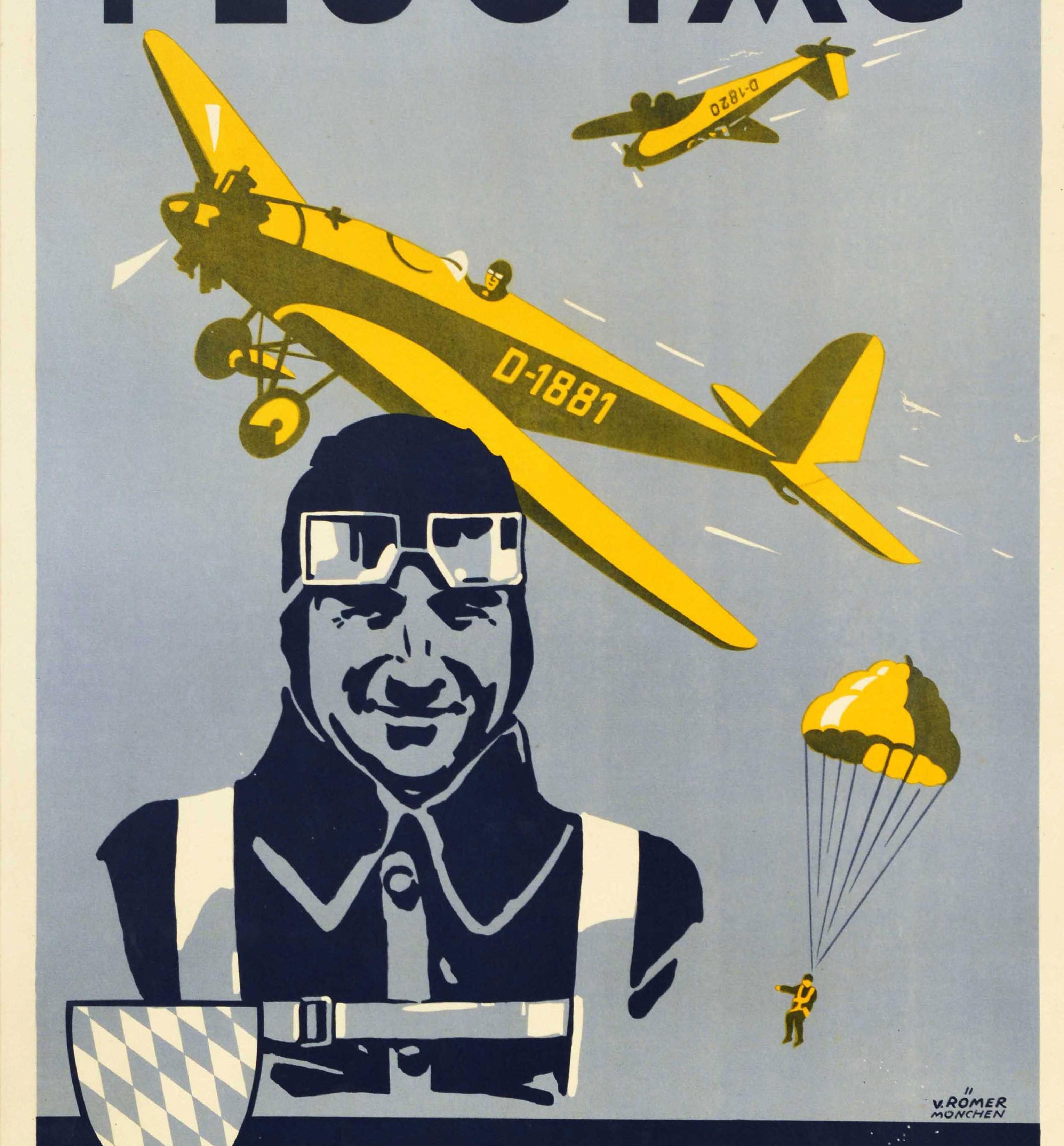 Affiche ancienne d'origine Flugtag Bavaria, Des pilotes d'un vol, Dessin d'une parachute - Beige Print par V. Romer
