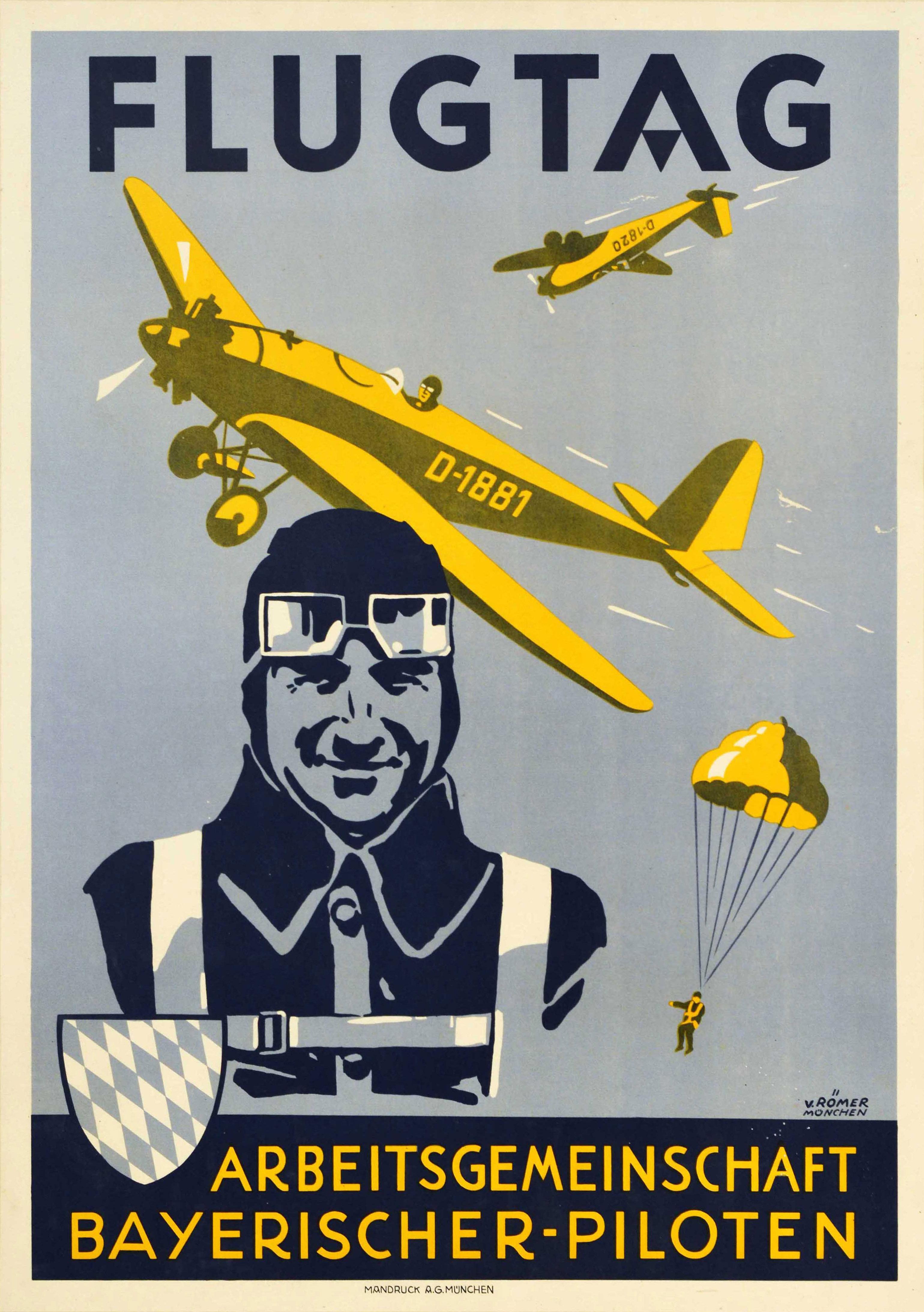 Print V. Romer - Affiche ancienne d'origine Flugtag Bavaria, Des pilotes d'un vol, Dessin d'une parachute
