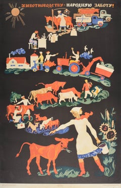 Affiche rétro originale, Fermeture animalière, Entretien national de l'URSS, agriculture, Bouteille, Art