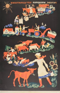 Original Vintage Poster Animal Farming USSR National Care Agriculture Cattle Art