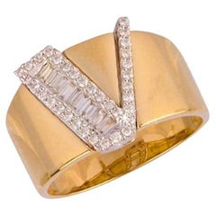 V Initial Baguette Diamond Cigar Ring