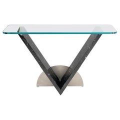 Table console en forme de "V" avec base en marbre et plateau en verre épais Modernity Design sur mesure