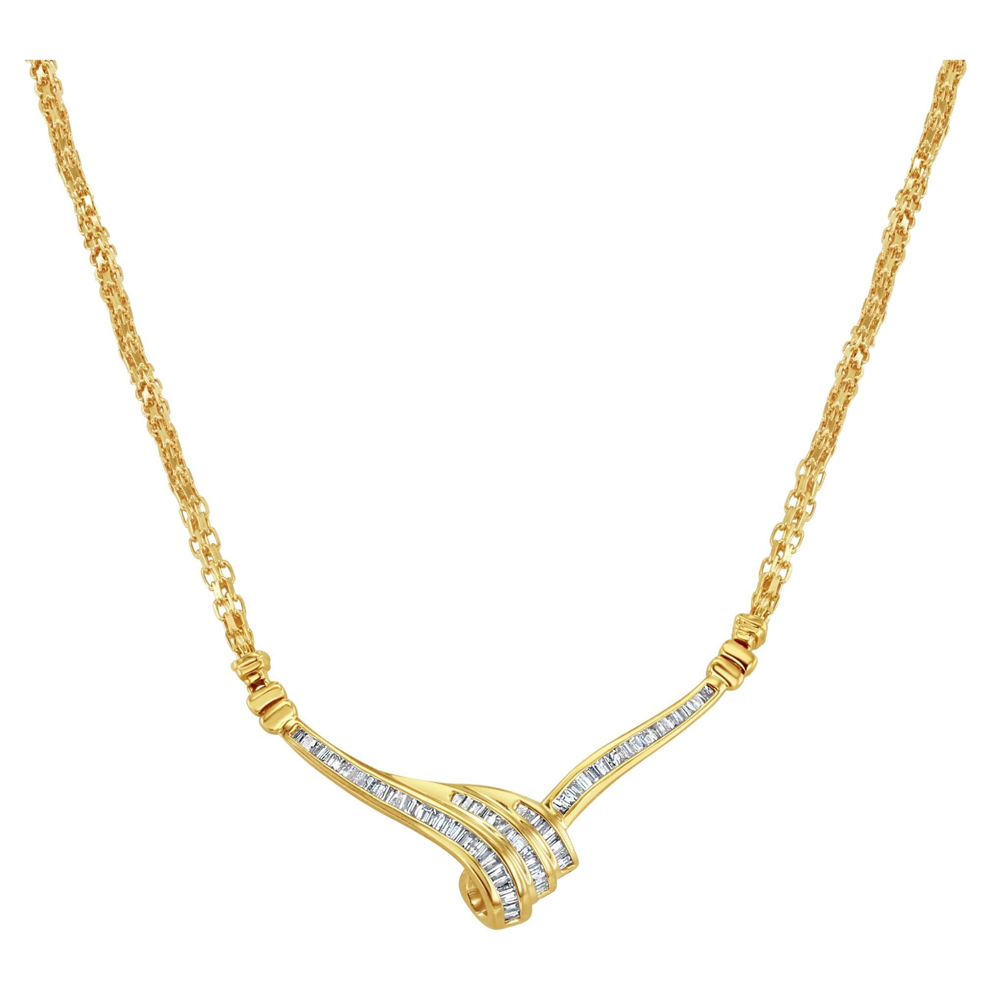 'V' Shaped Baguette Diamond Wheat Necklace .96cttw 14k Yellow Gold For Sale
