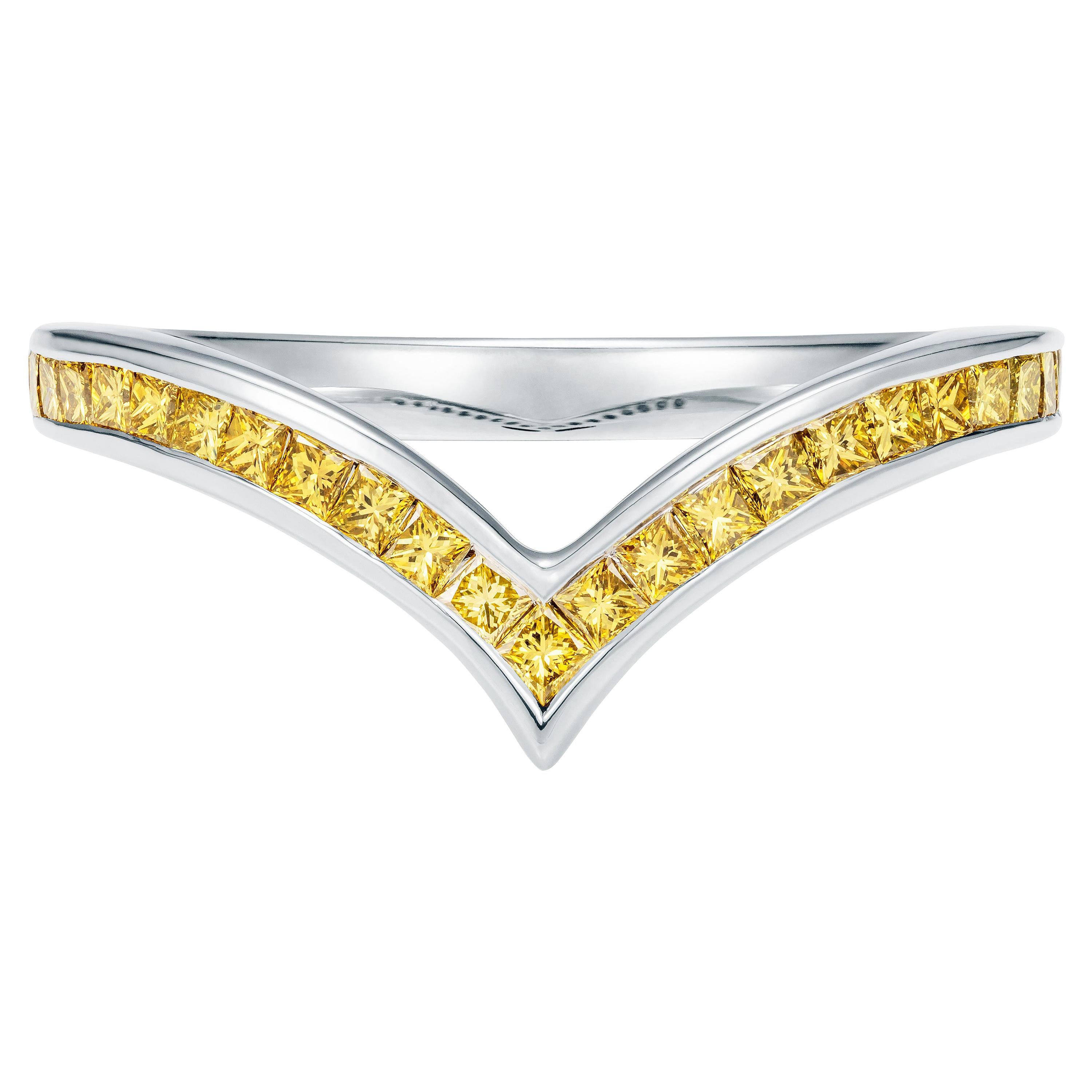 Marcel Salloum V-Shaped Canary Yellow Princess Cut Diamond Ring in Platinum For Sale