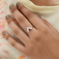 V Shaped Chevron 0.58Ct SI/HI Marquise Diamond Stacking Ring 14k White Gold