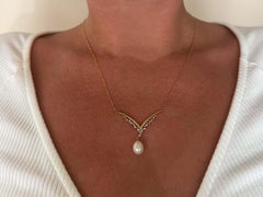 V Shaped Diamond and Pearl Drop Pendant Necklace 14k Yellow Gold