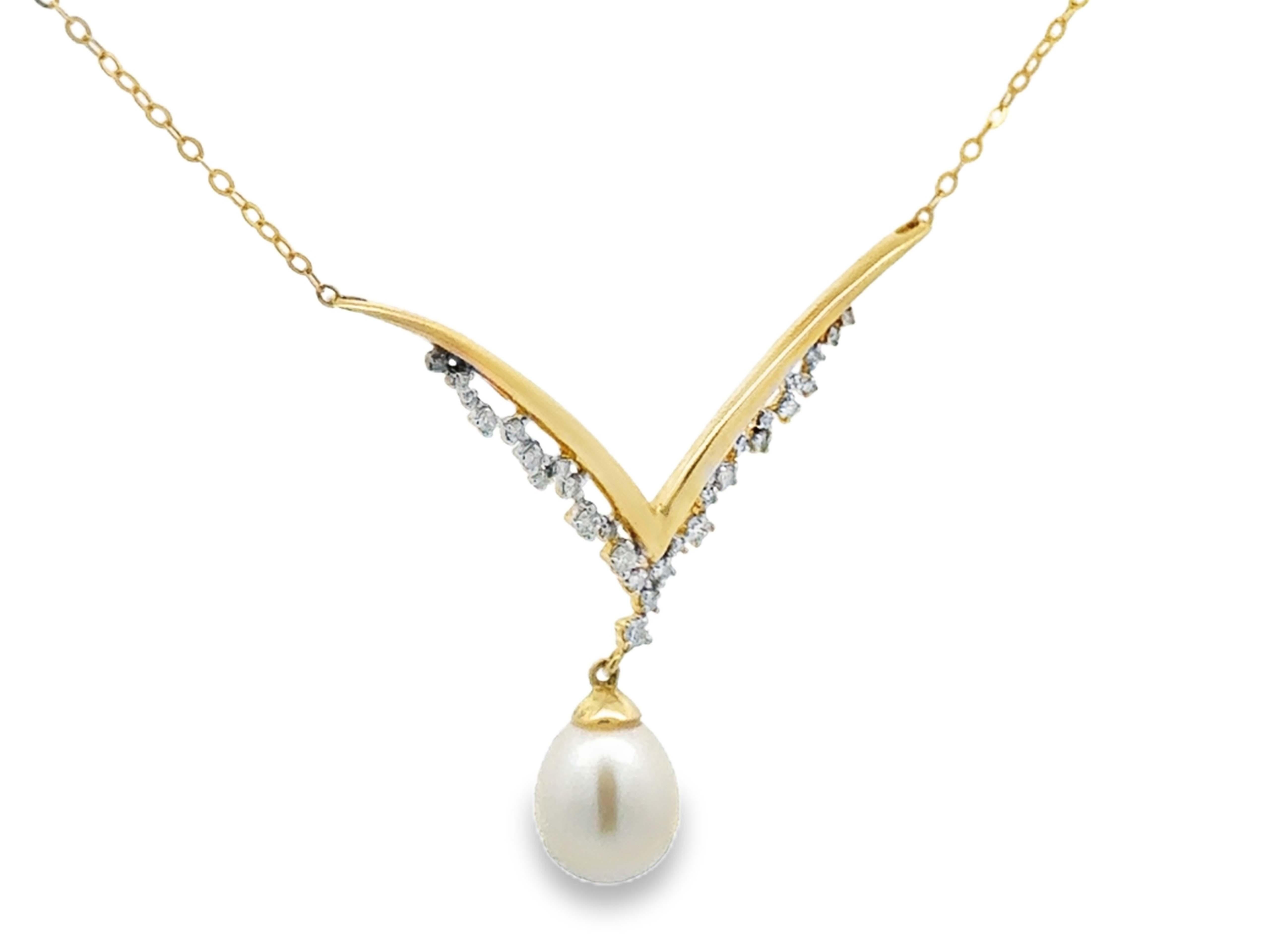Modern V Shaped Diamond and Pearl Drop Pendant Necklace 14k Yellow Gold For Sale
