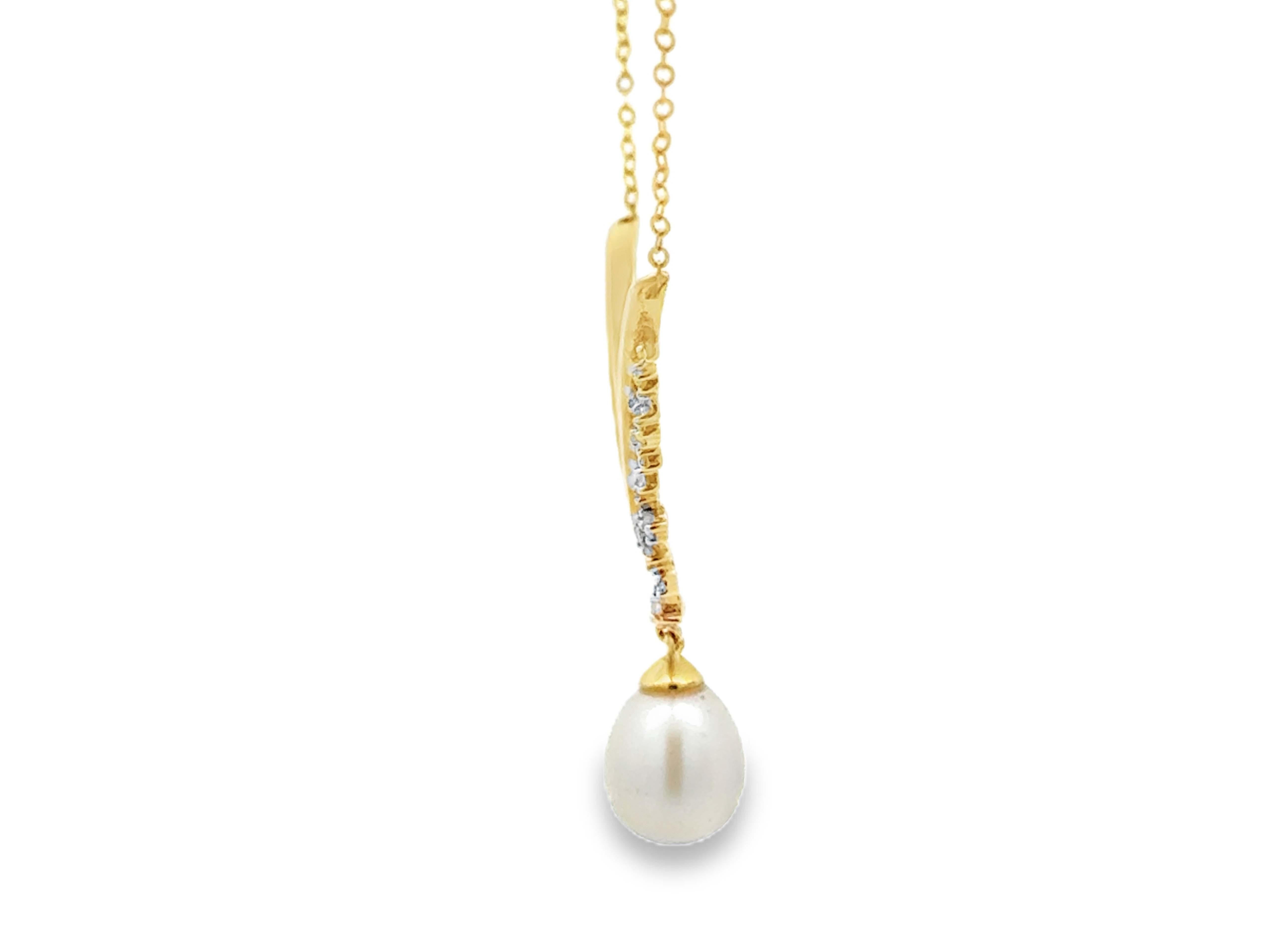 Women's V Shaped Diamond and Pearl Drop Pendant Necklace 14k Yellow Gold For Sale