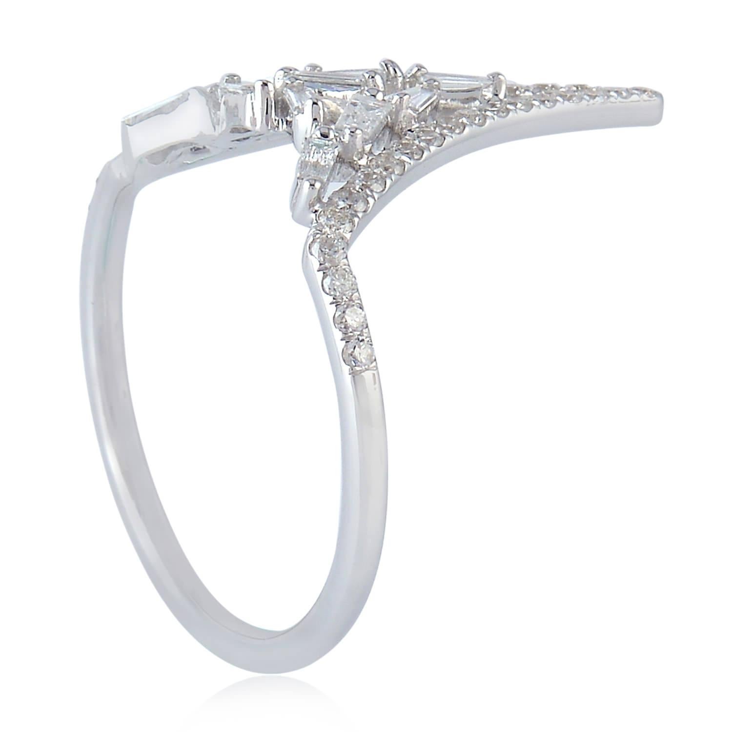 Mixed Cut V Shaped Geometric Diamond Ring Made In 18k White Gold For Sale