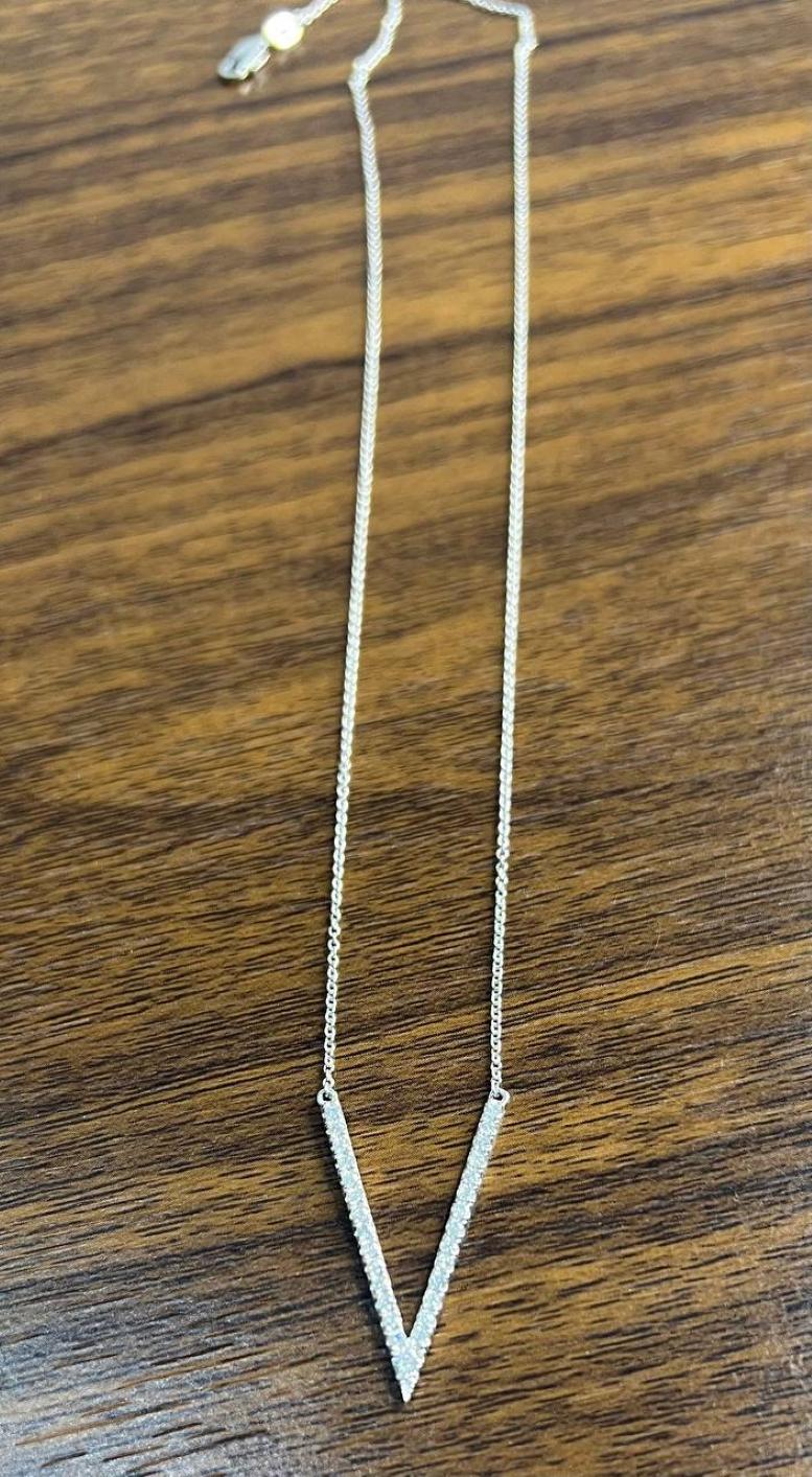Mixed Cut V Shaped Letter Geometric Statement Diamond 14K White Gold Pendant Necklace For Sale