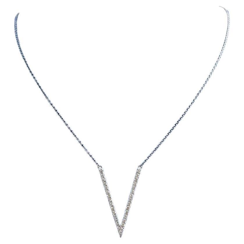 V Shaped Letter Geometric Statement Diamond 14K White Gold Pendant Necklace