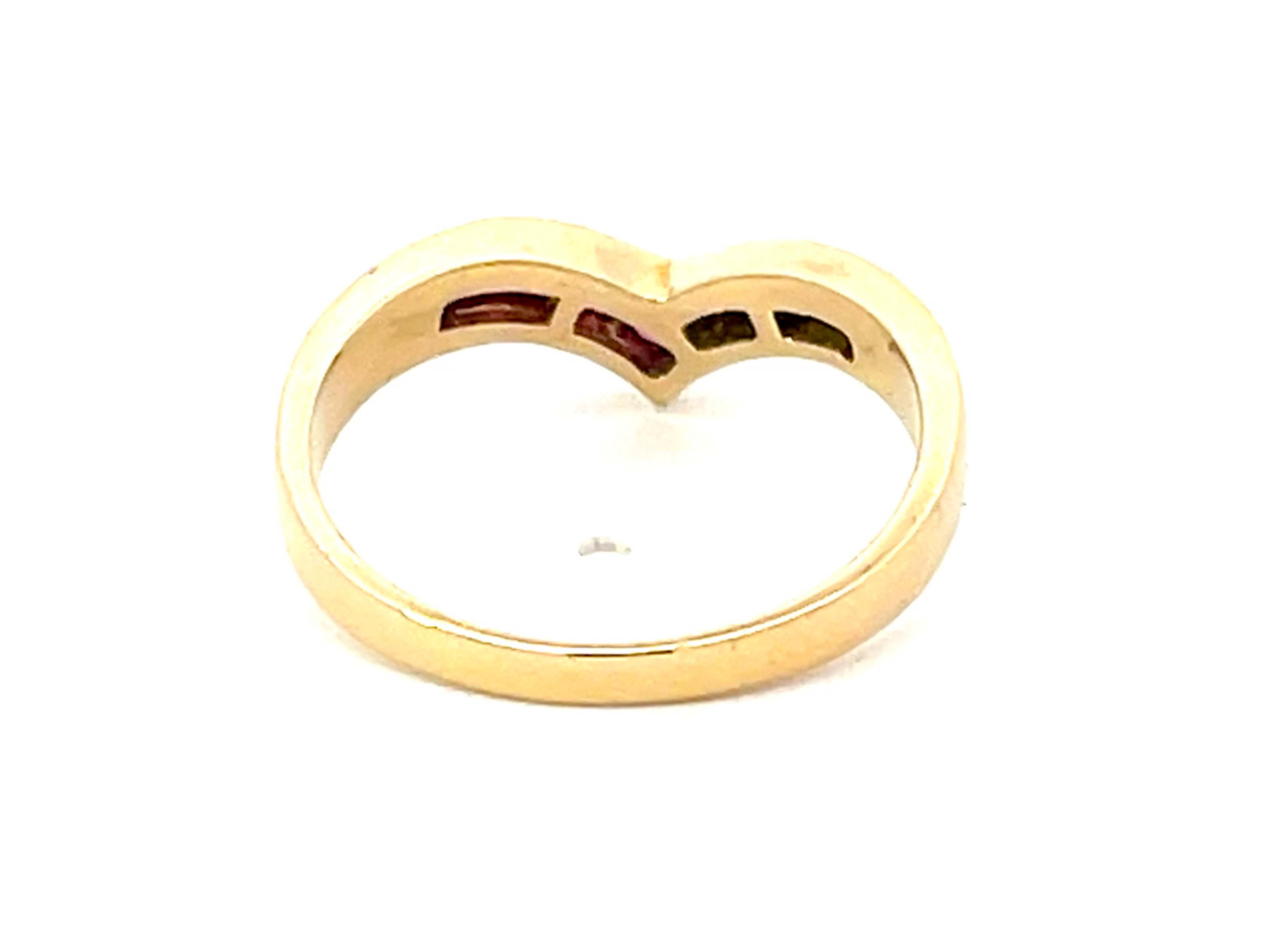 V Shaped Ruby Diamond Band Ring in 14k Yellow Gold For Sale 1
