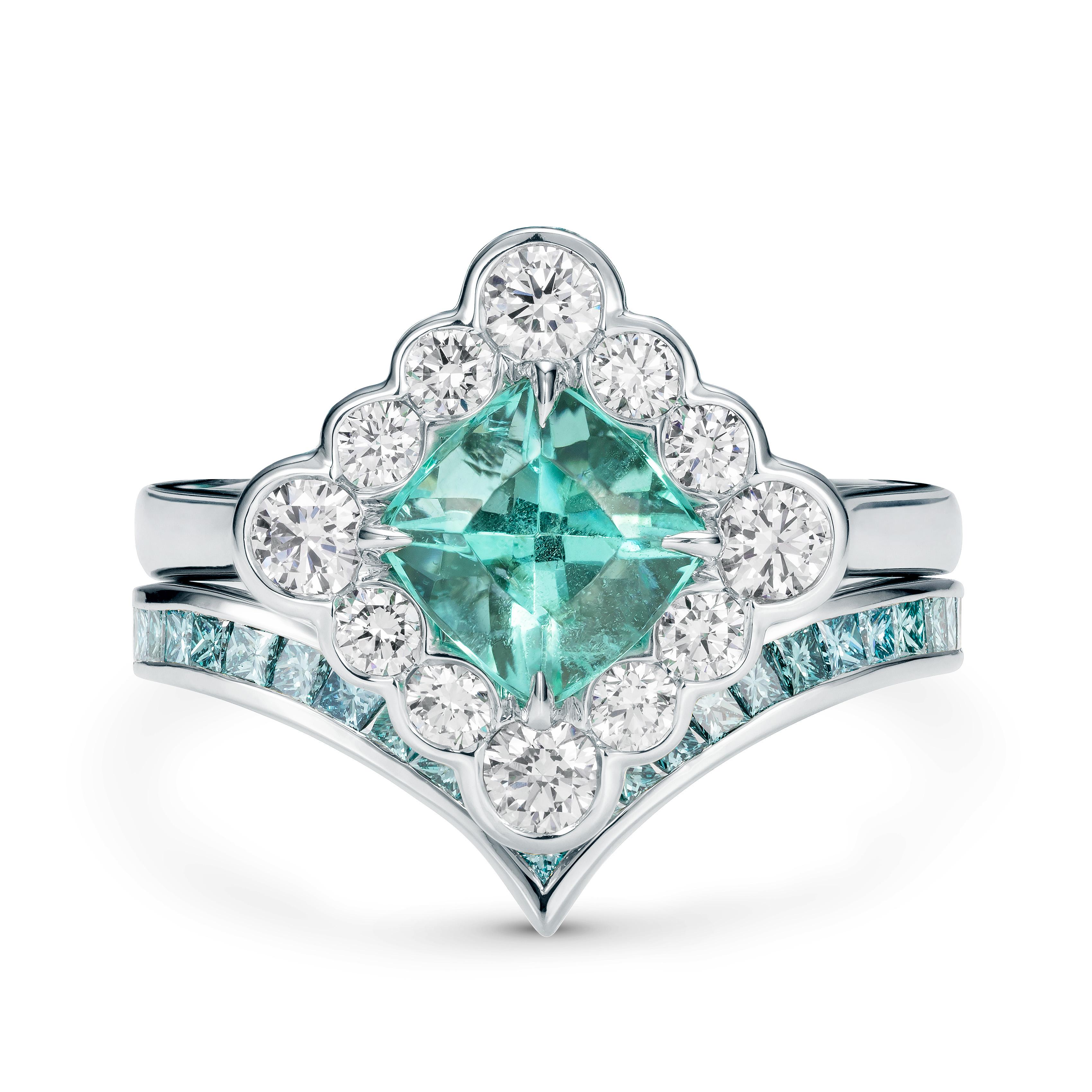 Contemporary Marcel Salloum V Shaped Sky Blue Princess Cut Diamond Ring For Sale