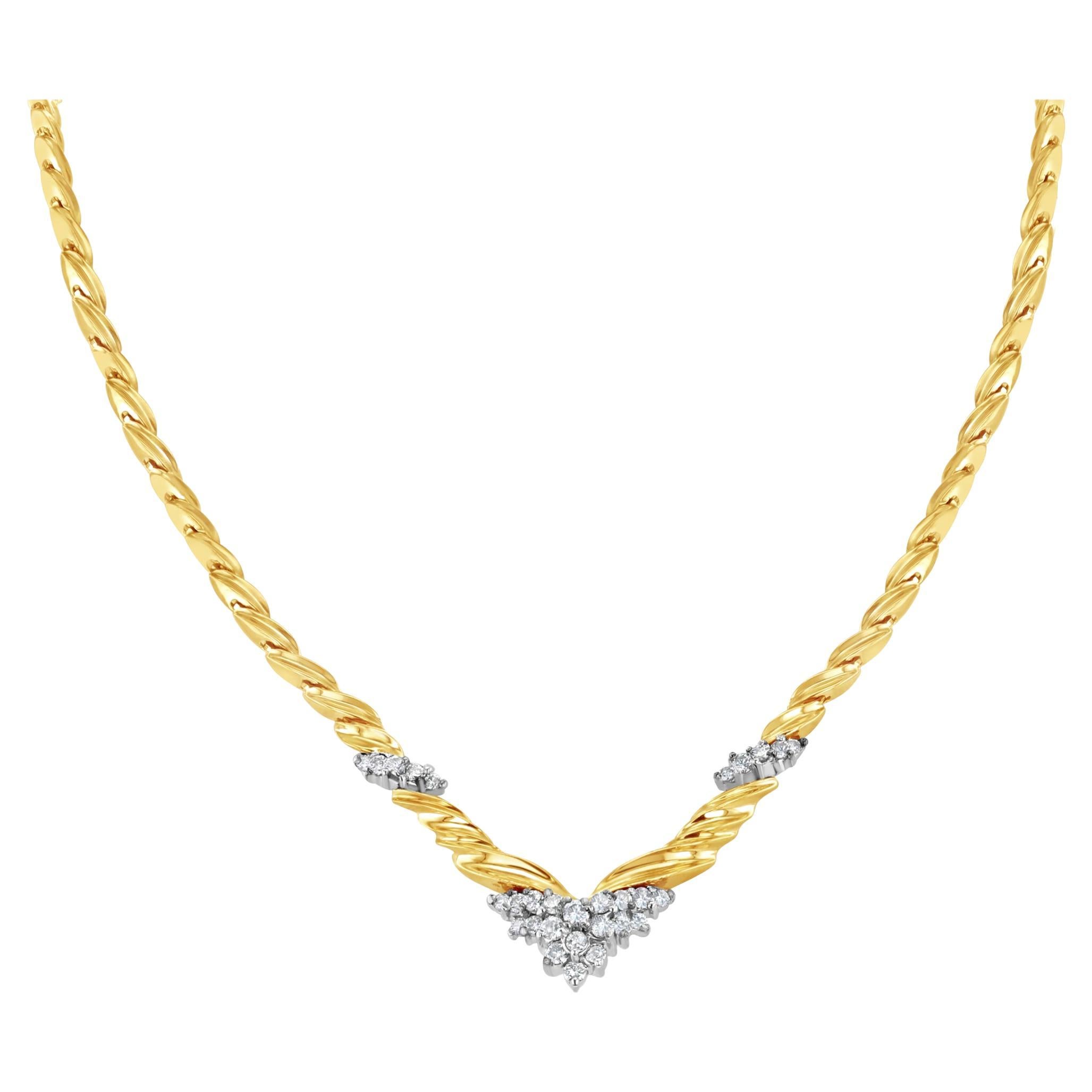'V' Shaped Two-Toned Diamond Vintage Style Necklace 1.00cttw 14k Yellow Gold