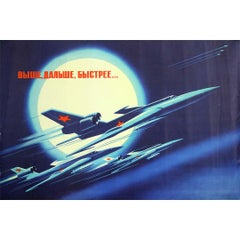 1971 Soviet Poster Aviation Jets Moon “Higher Further Faster” Viktorov