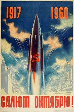 Originales sowjetisches Vintage-Poster Oktober Revolution UdSSR Raumfahrt Rakete Feuerwerk
