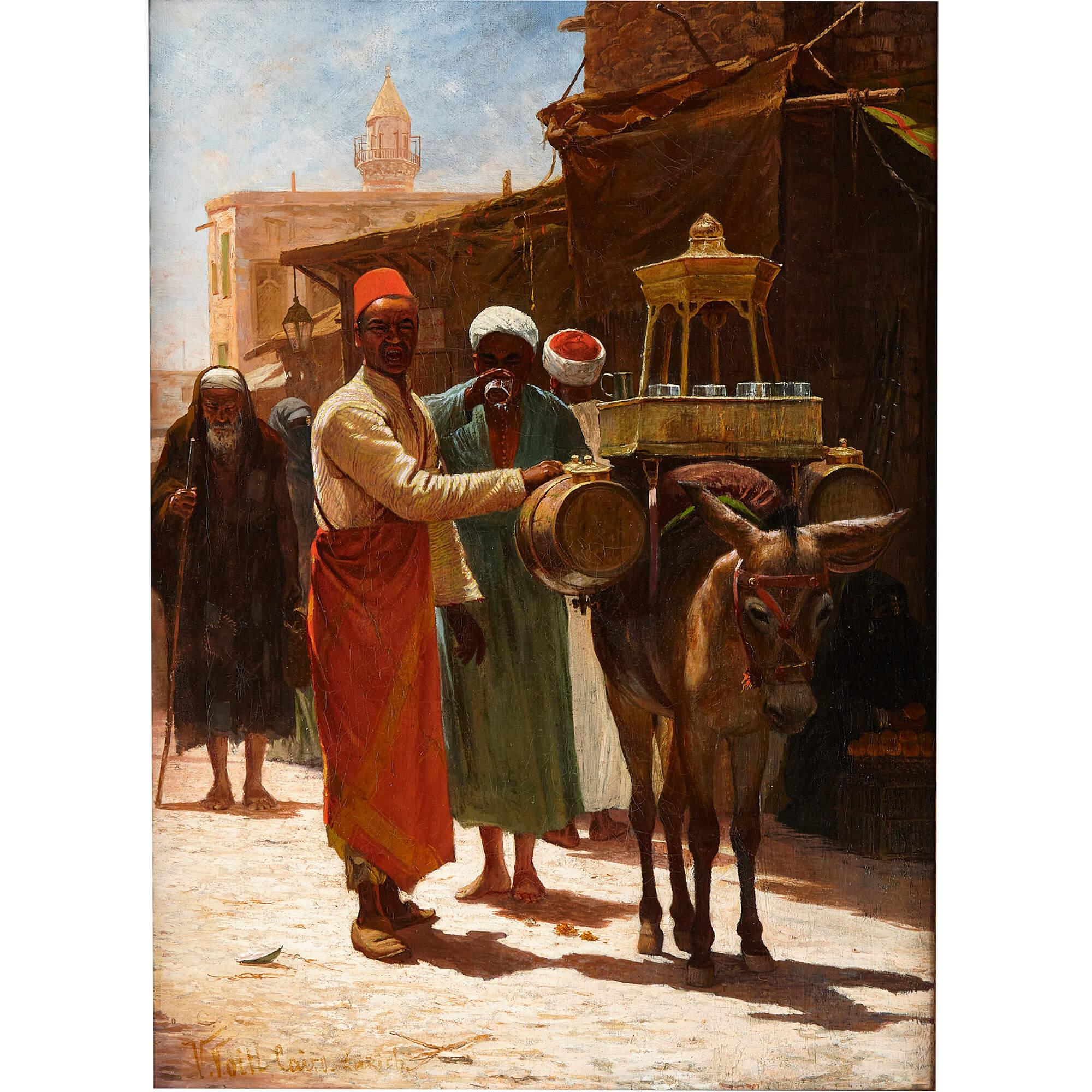 Orientalist oil painting of Cairo street and drinks salesman by Voill
Swiss, Late 19th Century 
Canvas: Height 65cm, width 47cm
Frame: Height 87cm, width 69cm, depth 7cm

Using deft strokes of oil on canvas, V. Voill immortalized the spirited