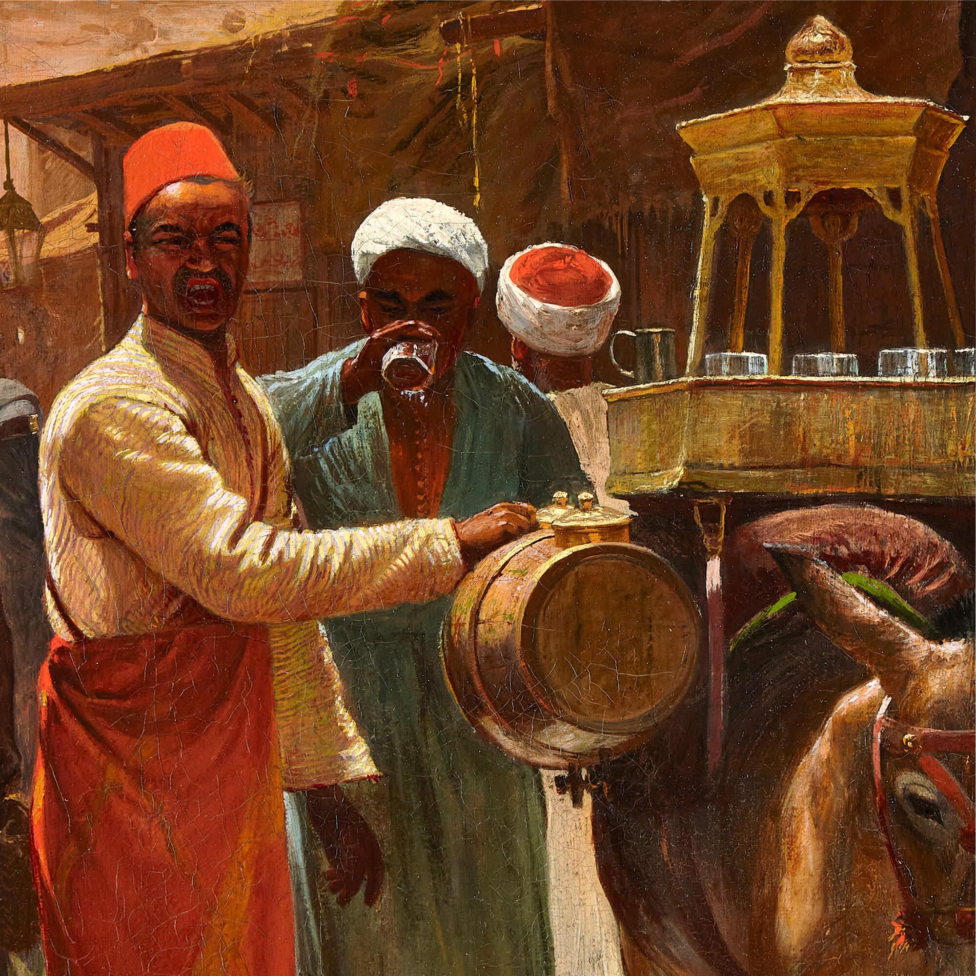 Orientalist oil painting of Cairo street and drinks salesman by Voill
Swiss, Late 19th Century 
Canvas: Height 65cm, width 47cm
Frame: Height 87cm, width 69cm, depth 7cm

Using deft strokes of oil on canvas, V. Voill immortalized the spirited