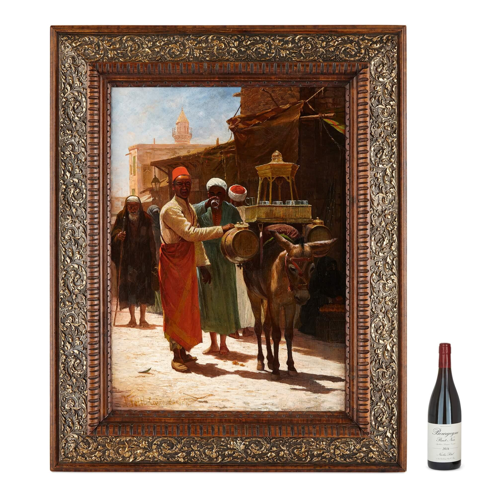 Orientalist Oil Painting of Cairo Street and Drinks Salesman by Voill For Sale 4