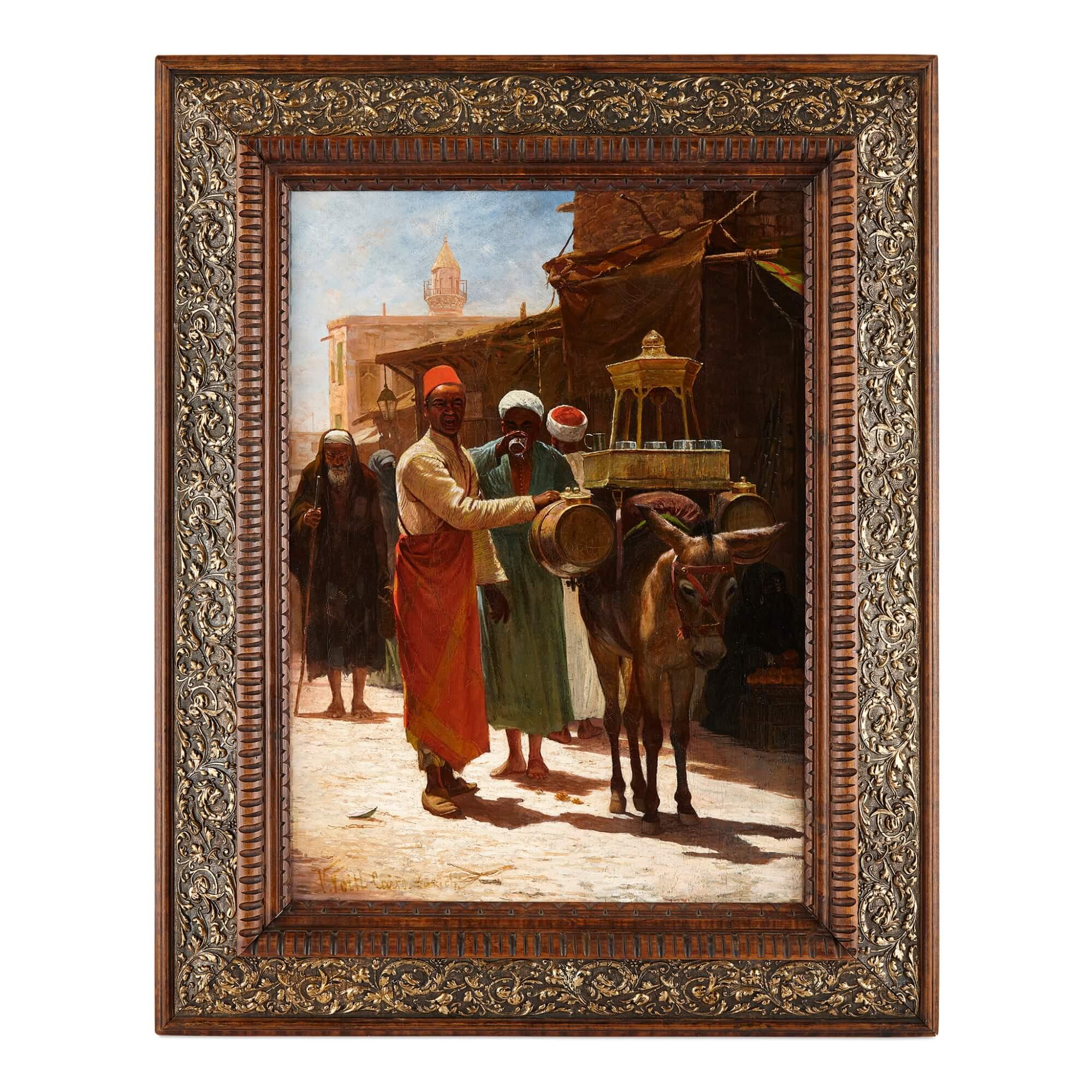 V. Voil Figurative Painting - Orientalist Oil Painting of Cairo Street and Drinks Salesman by Voill