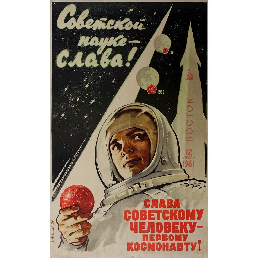 1961 original propaganda poster - Soviet glory! Yuri Gagarine - Space conquest - Print by V. Volikov