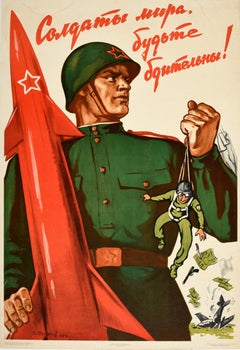 Original Vintage Soviet Poster Soldiers Of The Peace Be Vigilant Cold War US Spy