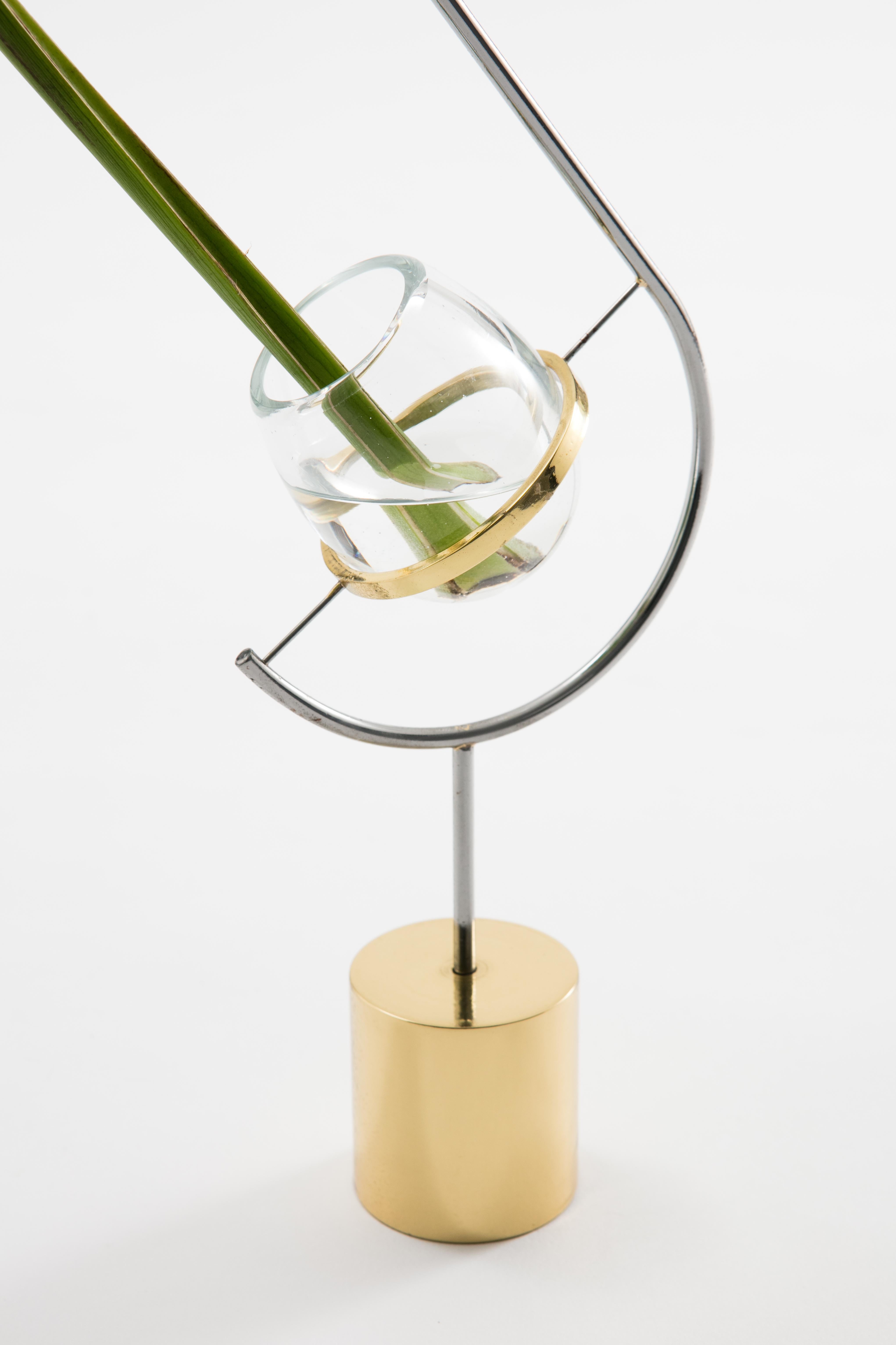 Brazilian Contemporary Minimalist Brass and Glass Solitary Vase V3 For Sale