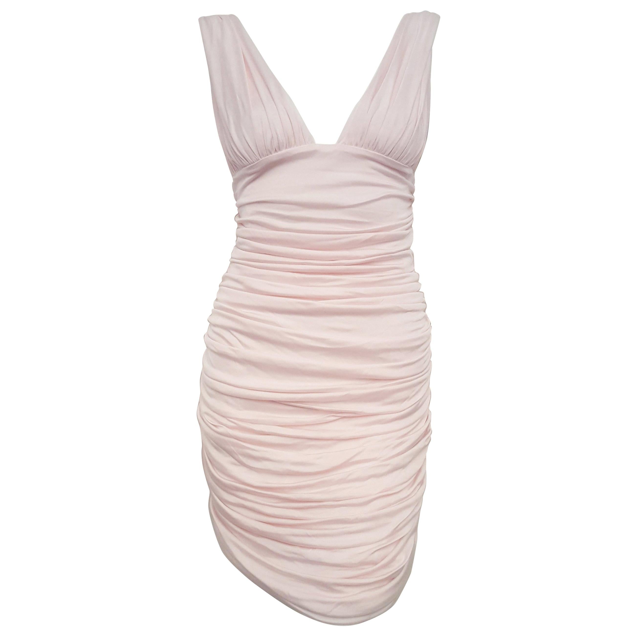 Va Va Voom Balmain Pink V Neck Gathered Bodycon Dress 42 EU  For Sale