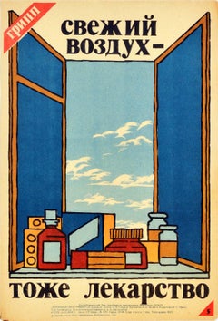 Original Vintage Poster Influenza Prevention Fresh Air Flu Medicine USSR Health
