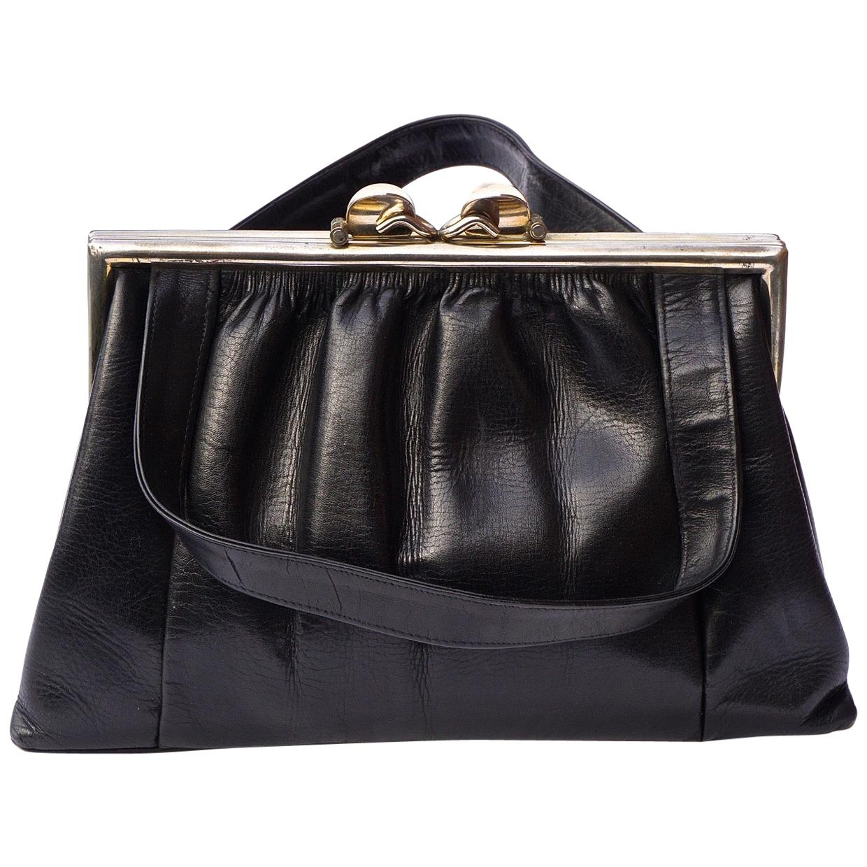 Vaca Lisa Argentina Black Leather Handbag with Silver Tone Fittings 