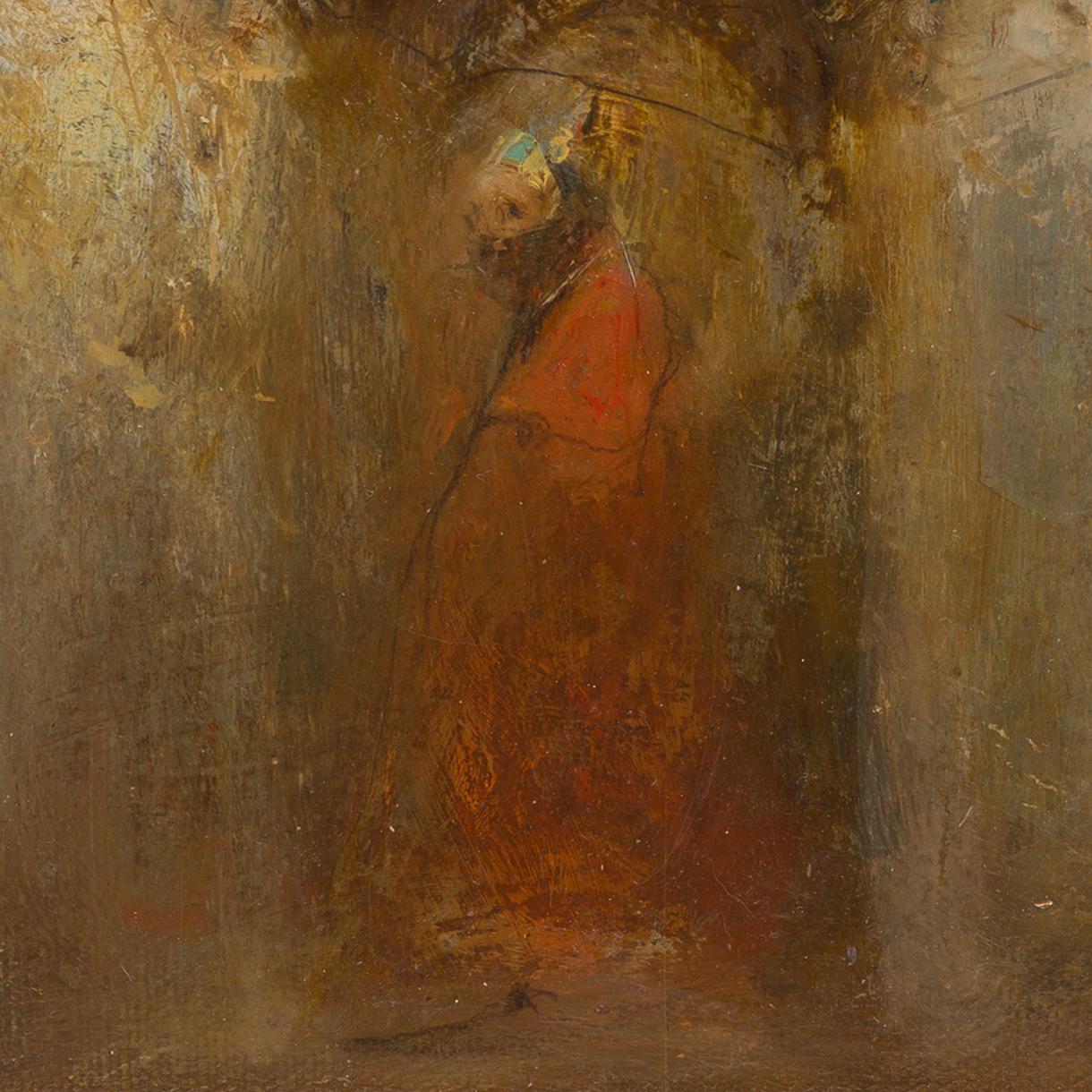 Entrada y salida (2015) de Vachagan Narazyan es una pintura original al óleo sobre lienzo que ejemplifica el enfoque poético y alegórico que el artista da a las imágenes espaciales. La composición se centra en un pasadizo arqueado que emerge de un