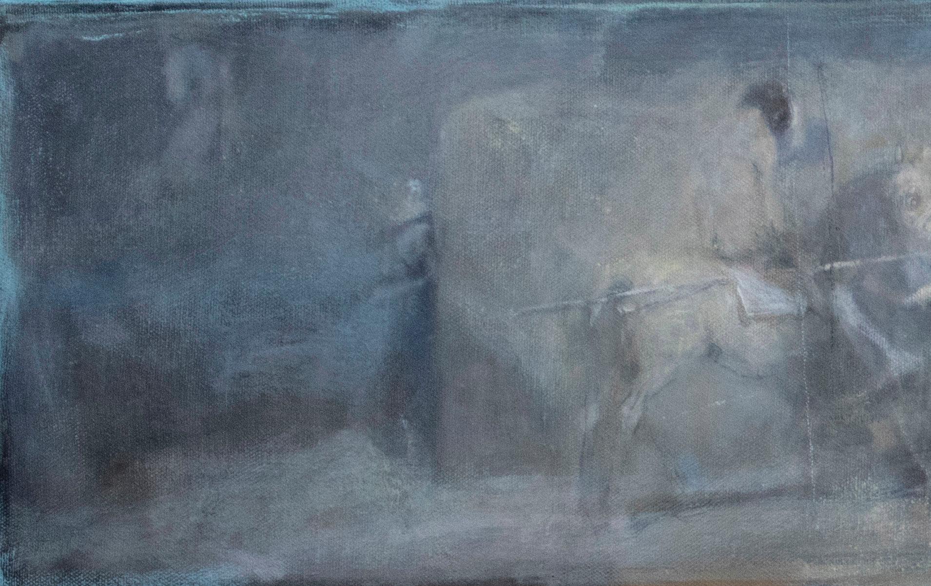 VACHAGAN NARAZYAN, Grey/Blue Horizontal, 8in x 31in, oil on canvas - Painting by Vachagan Narazyan