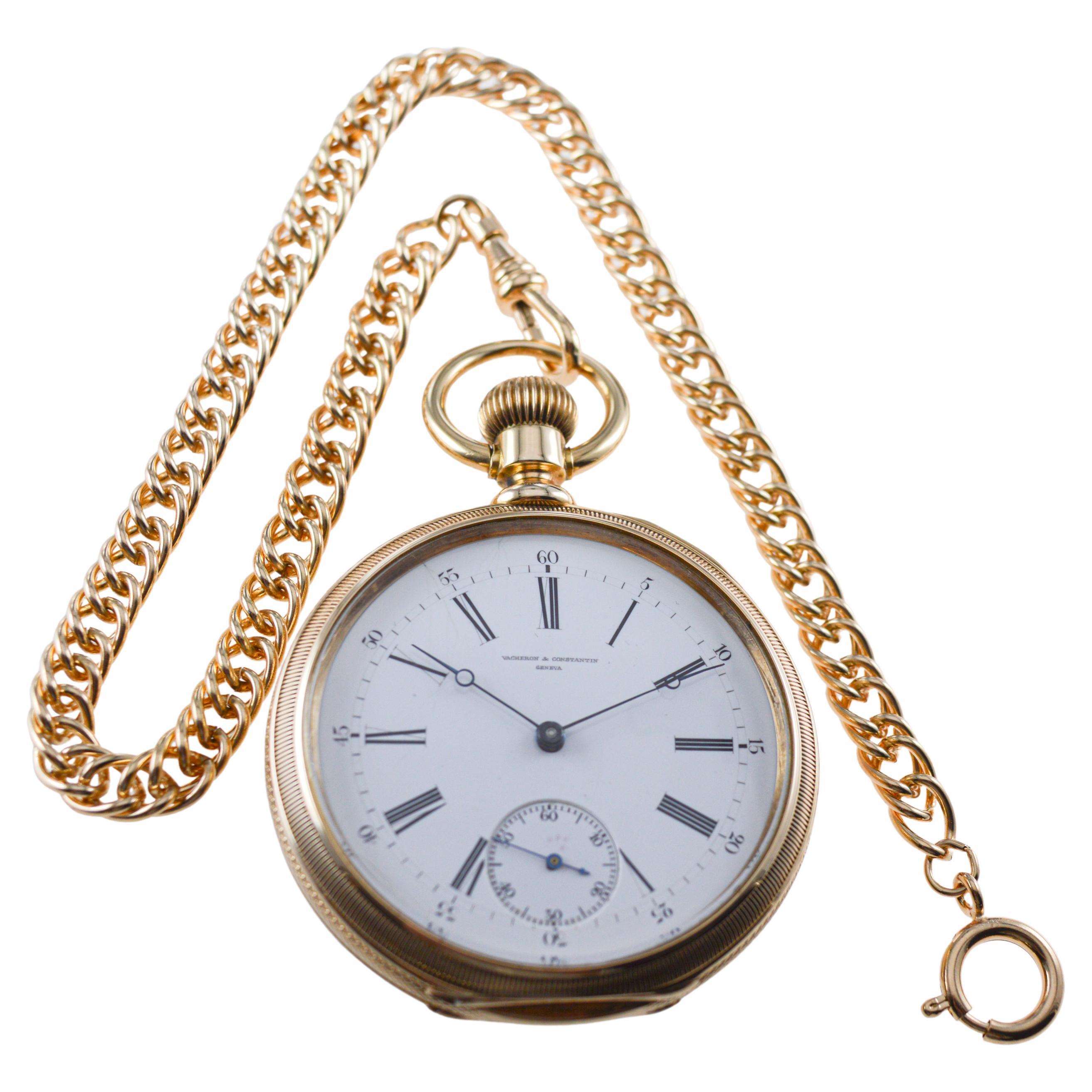 FACTORY / HOUSE: Vacheron & Constantin 
STYLE / REFERENCE: Open Faced Pocket Watch
METAL / MATERIAL: 18kt Rose Gold
CIRCA / YEAR: 1900's
DIMENSIONS / SIZE: Diameter 51mm
MOVEMENT / CALIBER: Manual Winding / 19 Jewels / Hinged Bezel, Lever Set
DIAL /