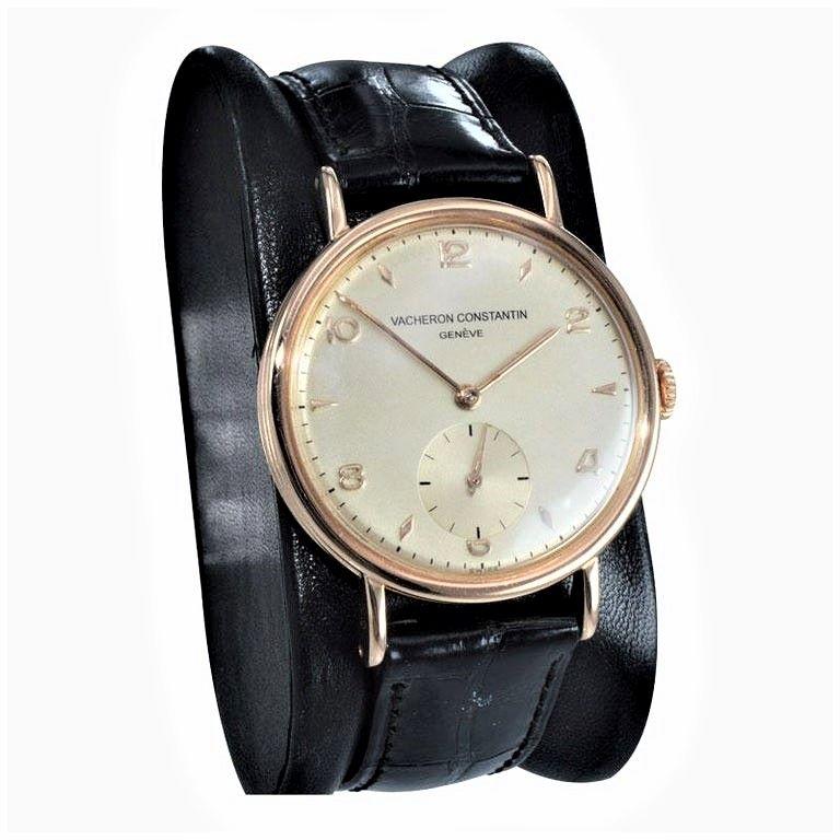 FACTORY / HOUSE: Vacheron Constantin
STYLE / REFERENCE: Round / Art Deco
METAL / MATERIAL: 18Kt. Rose Gold
DIMENSIONS: Length 41mm  X Diameter 33mm
CIRCA: 1940's
MOVEMENT / CALIBER: 17 Jewels 
DIAL / HANDS: Arabic & Batons / Solid Rose Gold Baton