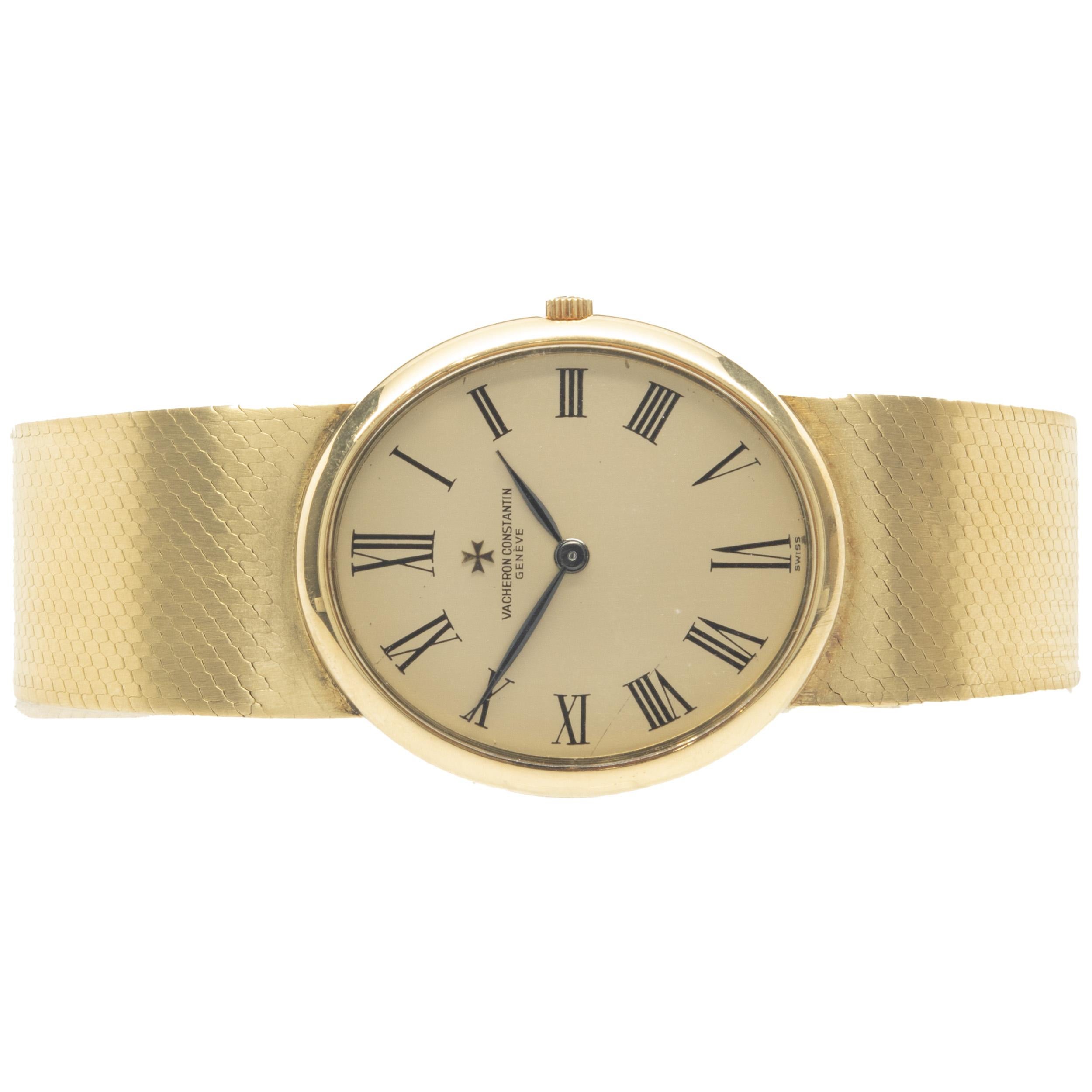 Movement: manual 
Function: hours, minutes, seconds
Case: oval 32mm 18k yellow gold case with smooth bezel
Dial: champagne roman
Band:  18K yellow gold mesh bracelet, integrated clasp
Serial #: 469XXX
Reference #: 720188

Complete with original box