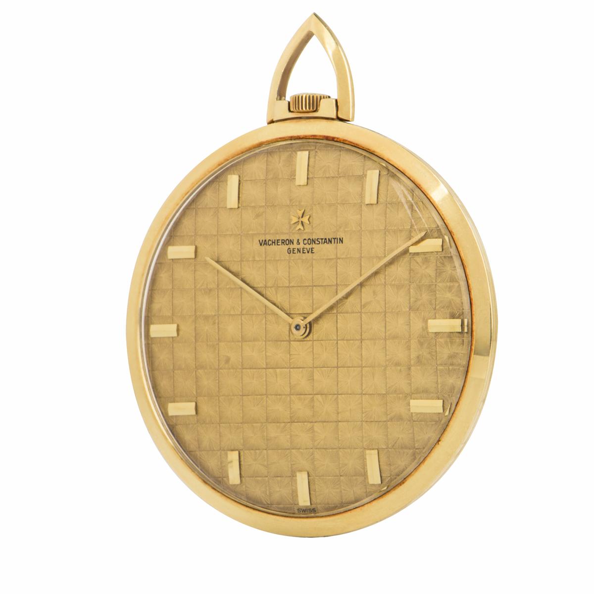 A Vacheron Constantin 18ct yellow gold open face dress pocket watch, C1960s.

Dial: A rare and unusual textured gold dial with a different style of baton layout to the dial makes this watch a very collectable item.

Case: The slim yellow gold case