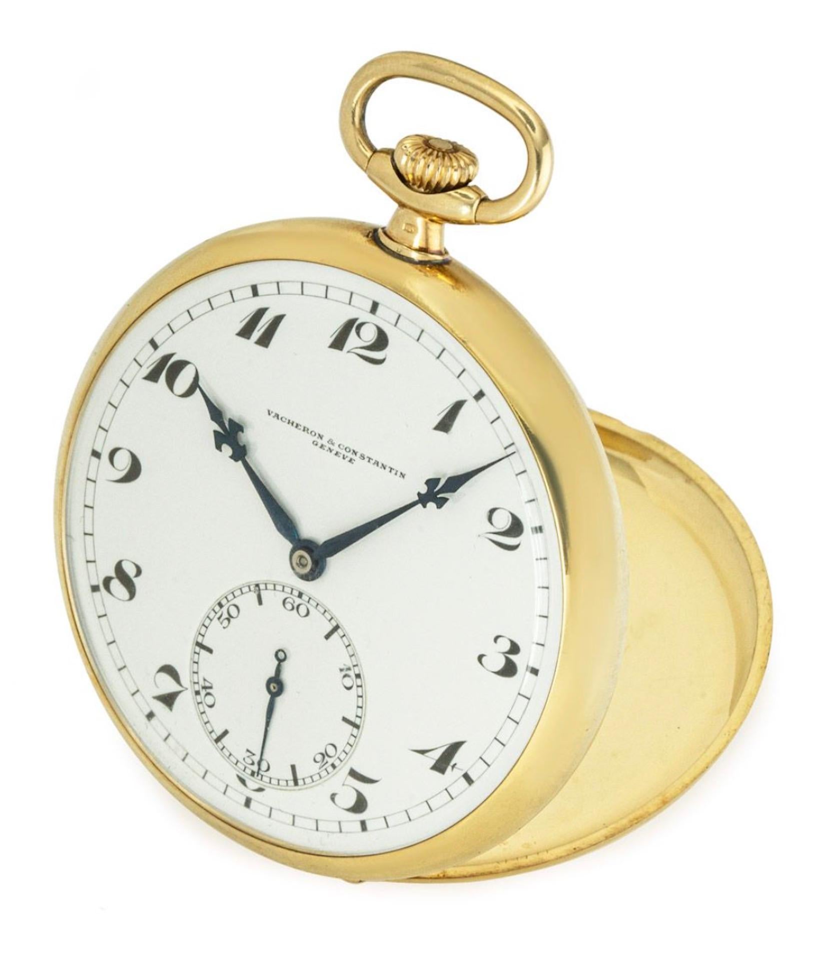 Vacheron & Constantin. An 18ct Yellow Gold Keyless Lever Dress Pocket Watch C1920s.

Dial: The excellent White enamel dial fully signed Vacheron & Constantin Geneva with black Arabic numerals, outer minute track and subsidiary seconds dial at six