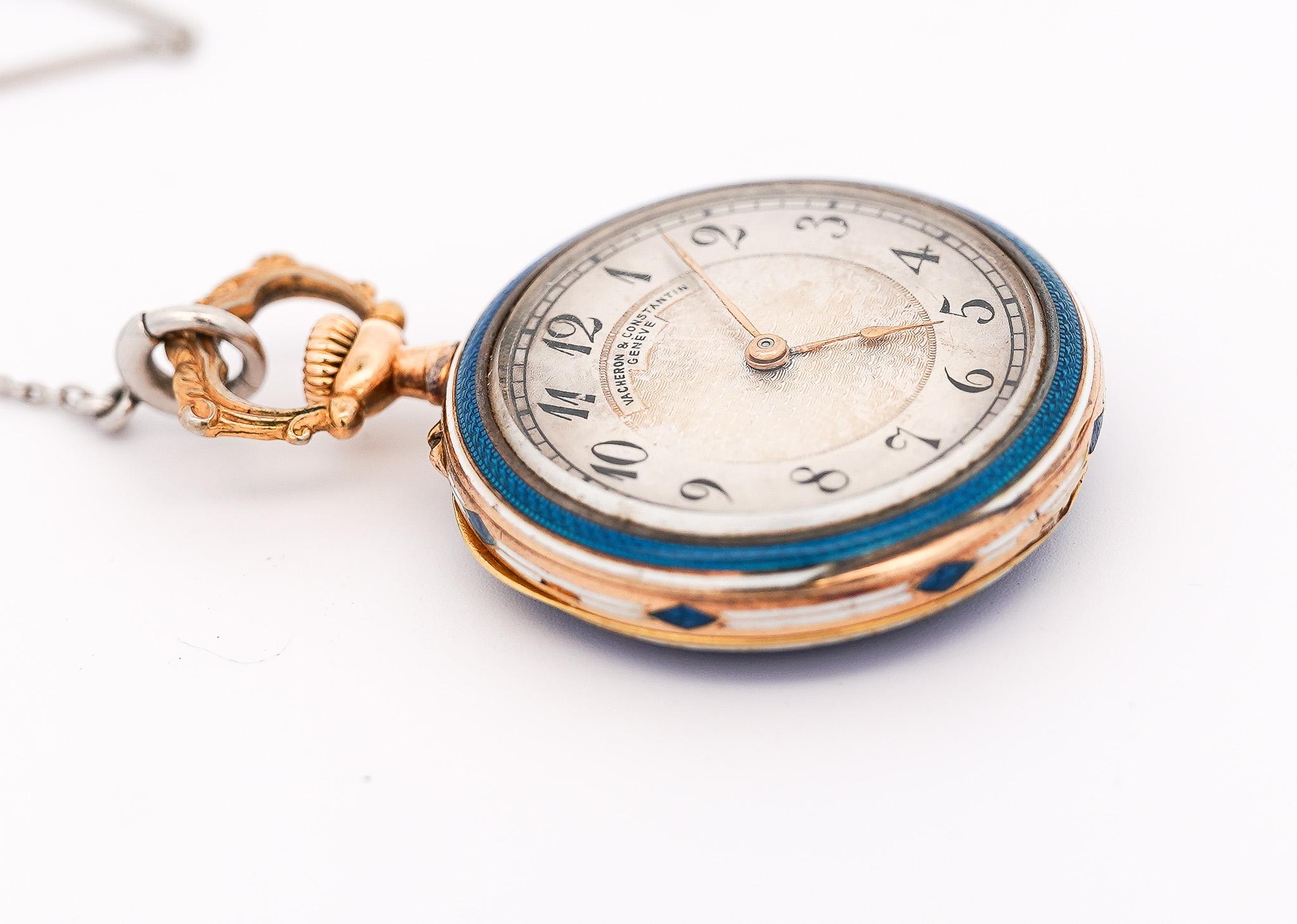 Retro Vacheron Constantin 18K Gold Pocket Watch With Blue Enamel and Old Euro Diamonds For Sale