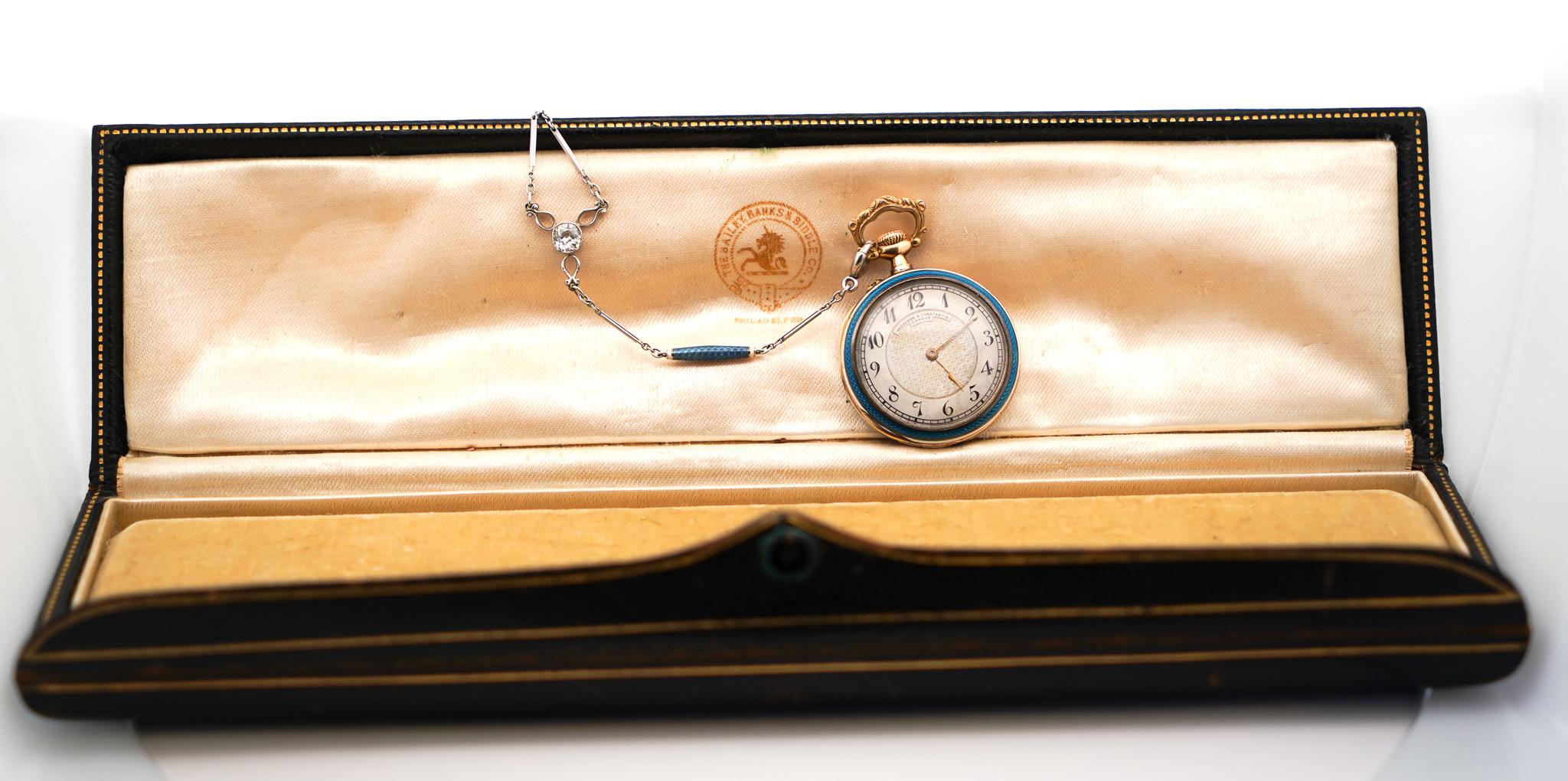 Vacheron Constantin 18 Karat Gold Taschenuhr mit blauer Emaille und alten Eurodiamanten (Alteuropäischer Schliff) im Angebot