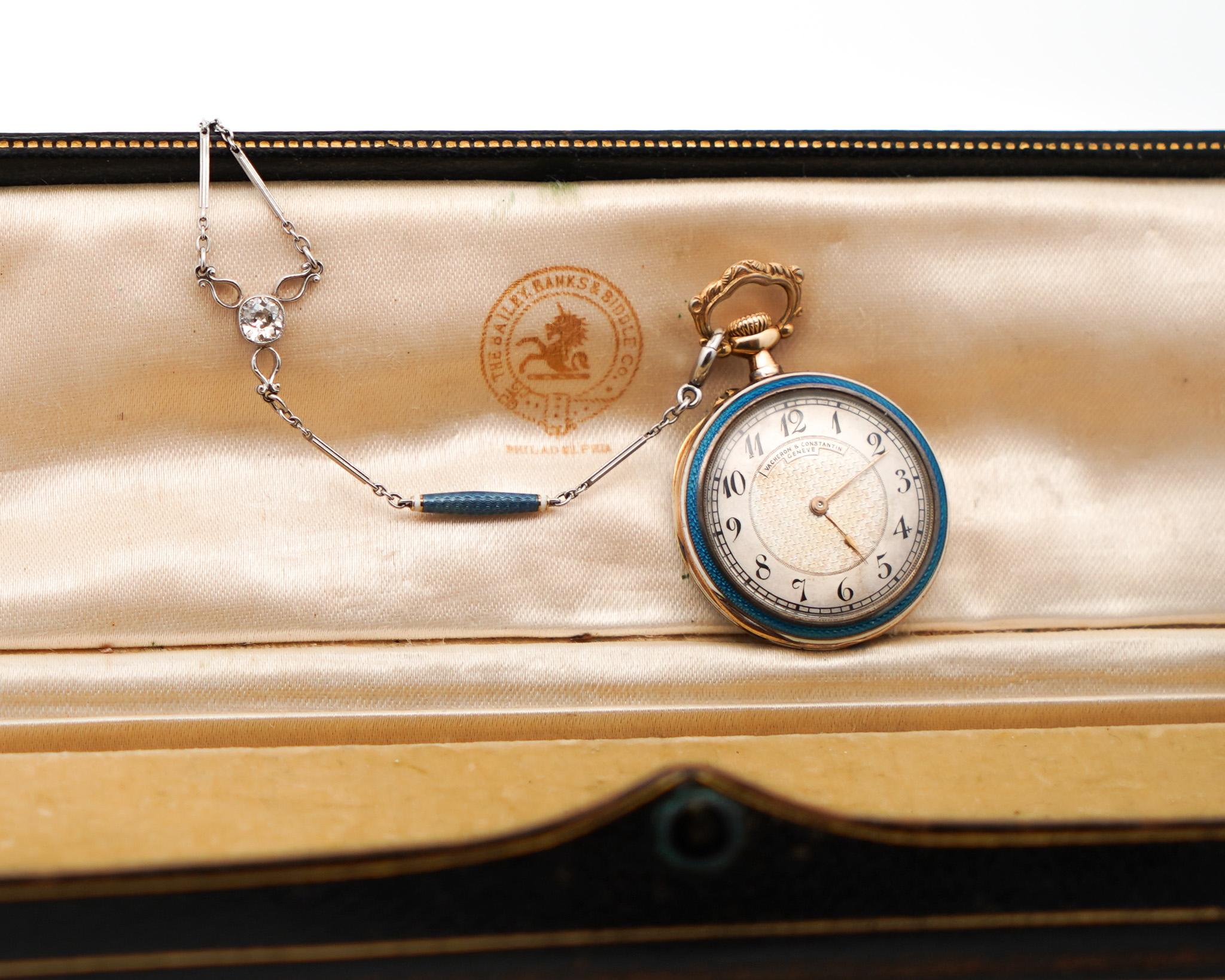 Vacheron Constantin 18K Gold Pocket Watch With Blue Enamel and Old Euro Diamonds In Good Condition For Sale In Miami, FL
