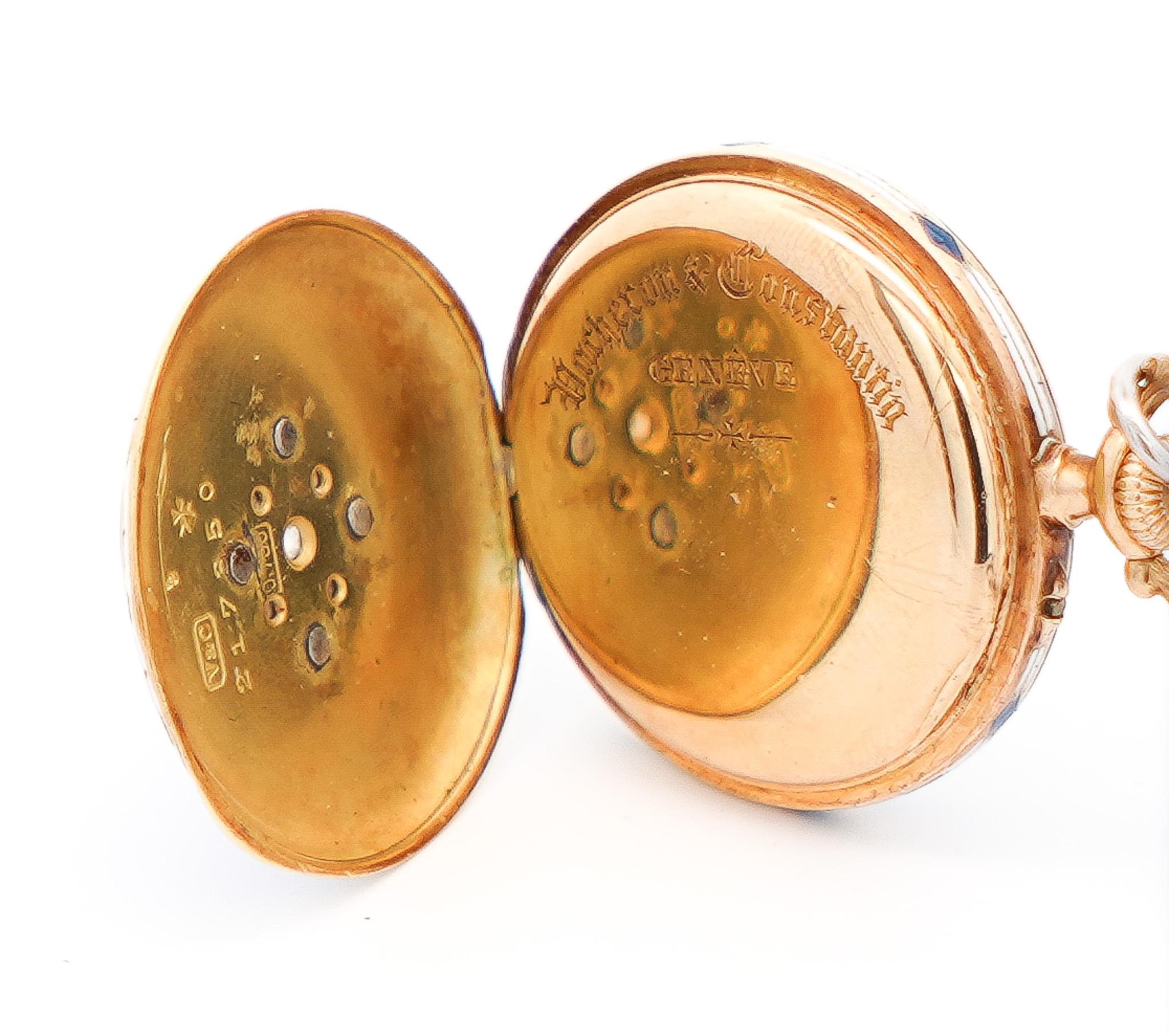 Vacheron Constantin 18 Karat Gold Taschenuhr mit blauer Emaille und alten Eurodiamanten für Damen oder Herren im Angebot