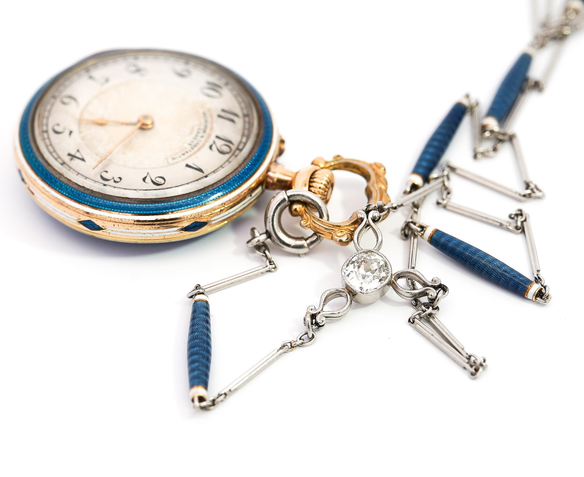Vacheron Constantin 18K Gold Pocket Watch With Blue Enamel and Old Euro Diamonds For Sale 1