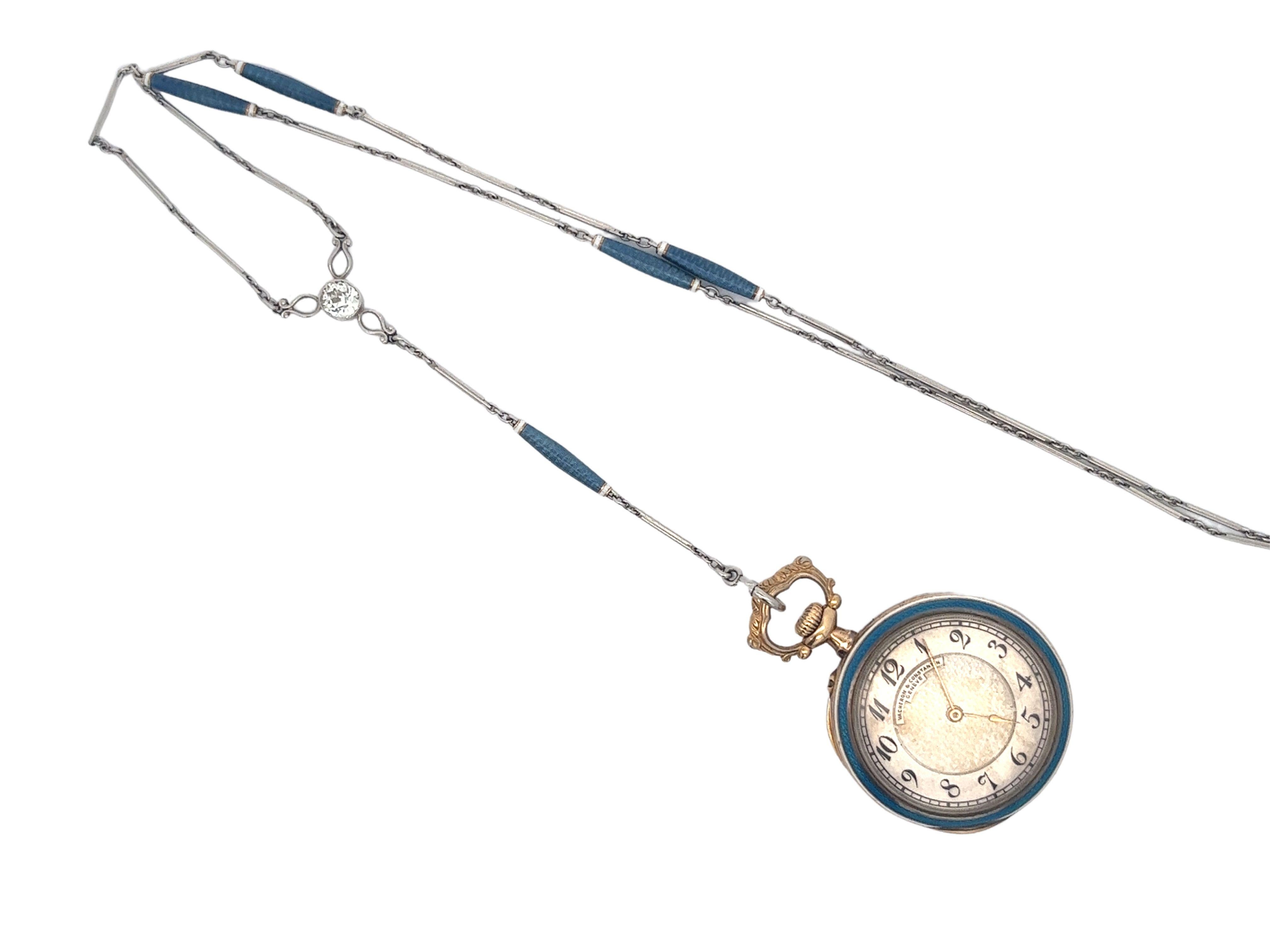 The following is a custom-made Vacheron and Constantin pocket watch pendant adorned with blue enamel and a 0.50ct G-H VS old European cut diamond.

Item Details:
- Brand: Vacheron Constantin
- Retailer: Bailey Banks and Biddle
- Commissioned For