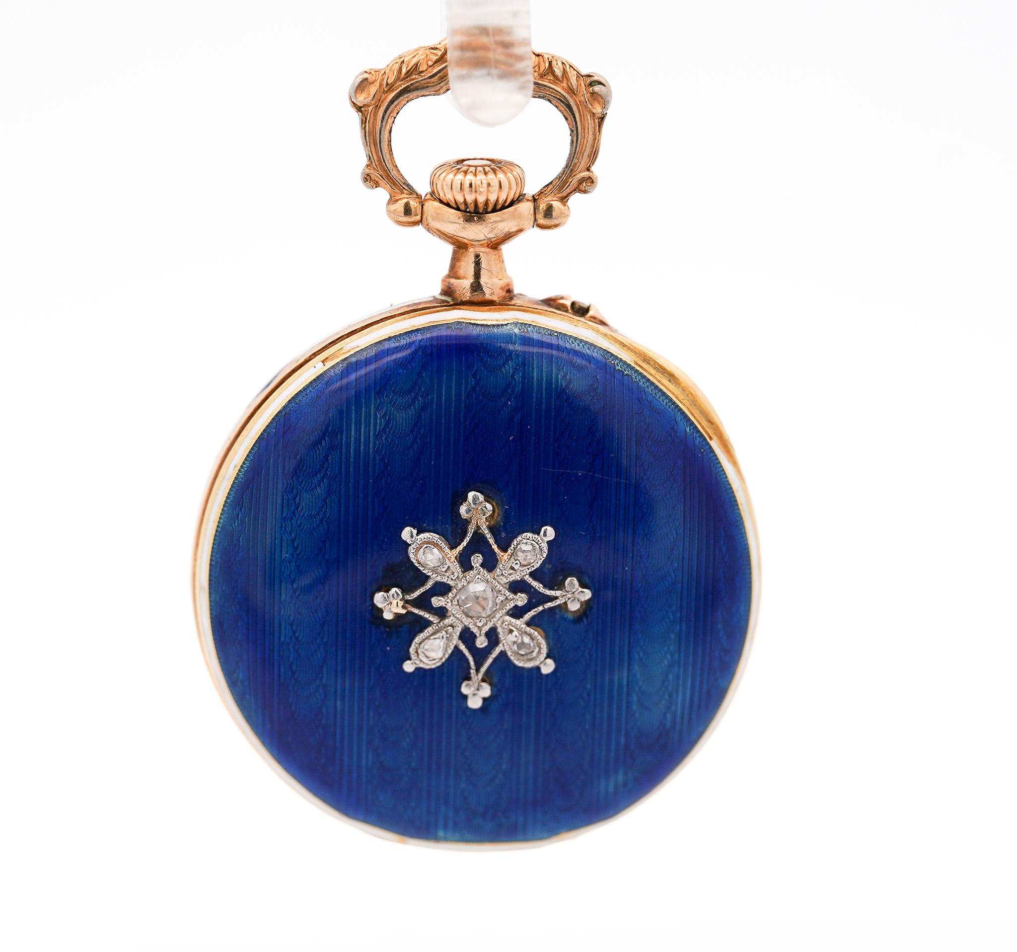 Vacheron Constantin 18 Karat Gold Taschenuhr mit blauer Emaille und alten Eurodiamanten im Angebot 3