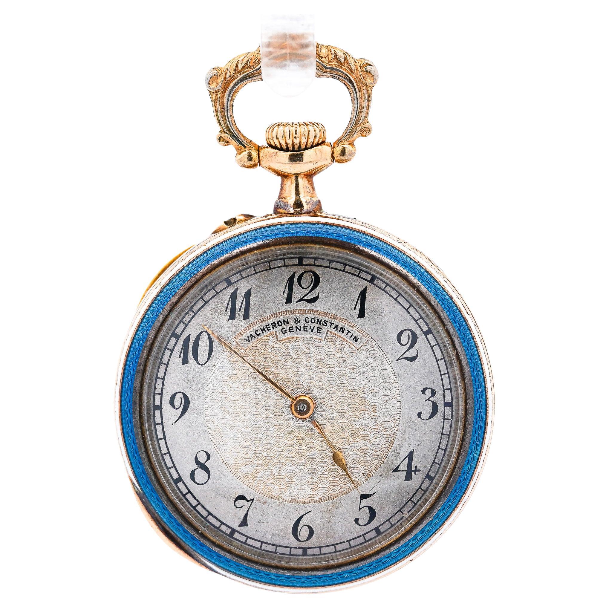 Vacheron Constantin 18K Gold Pocket Watch With Blue Enamel and Old Euro Diamonds For Sale