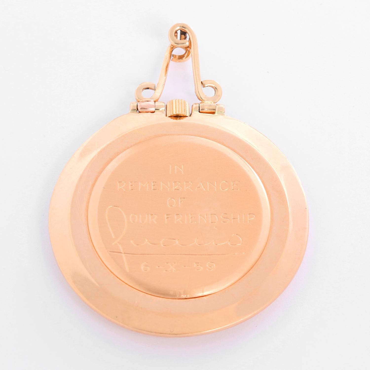 Vacheron Constantin 18K Rose Gold Pendant Pocket Watch - Manual winding. 18K Rose gold ultra thin case ( 35 mm) Beautifully engraved with message on case back  . Champagne dial with stick hour markers. Pre-owned with custom box. Circa 1950's.