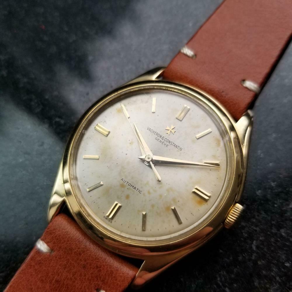 Timeless luxury, men's 18k solid gold Vacheron & Constantin Geneve automatic dress watch, c.1950s. Verified authentic by a master watchmaker. Gorgeous, original Vacheron & Constantin vintage dial, applied indice hour markers, gilt minute and hour