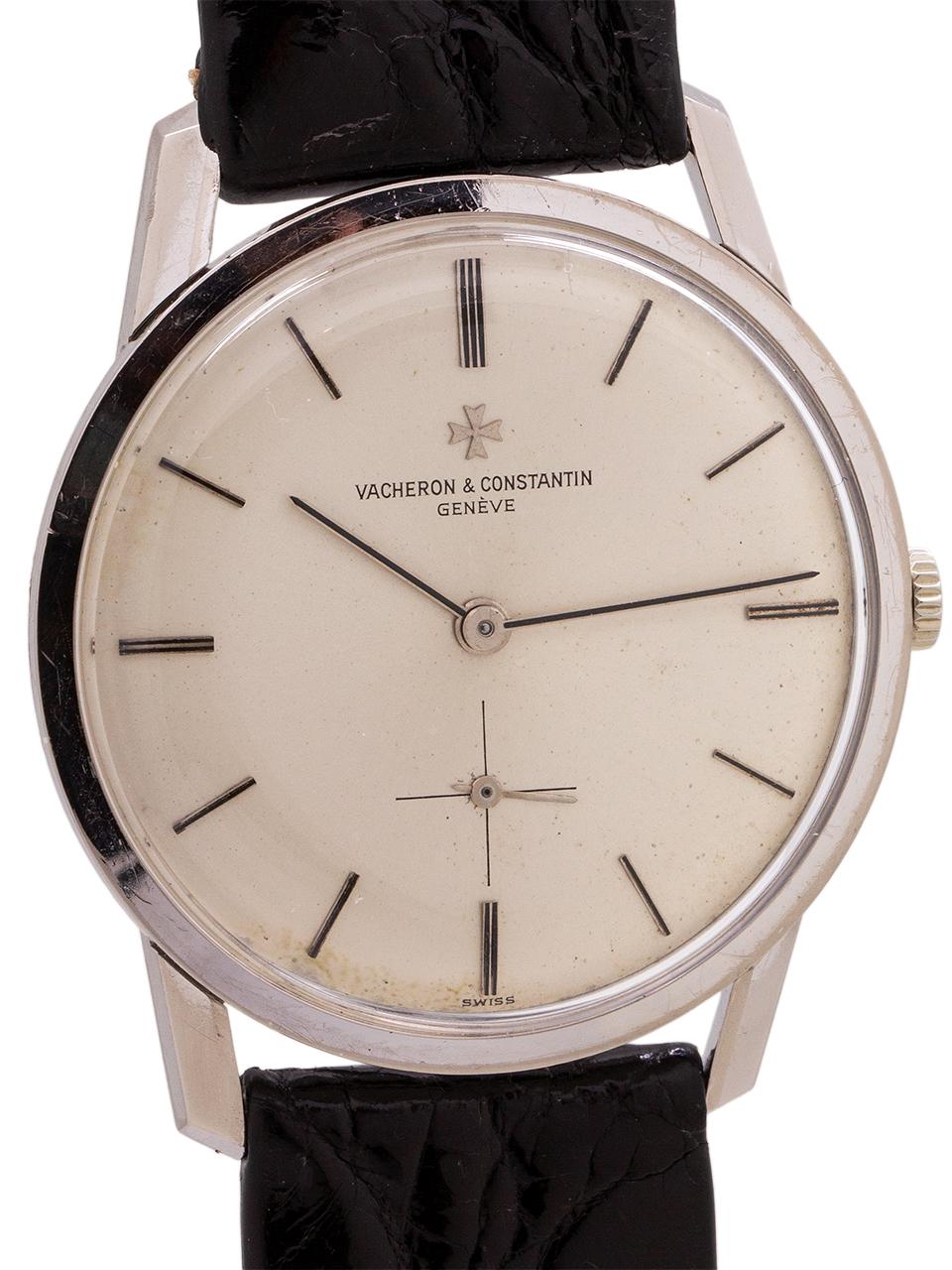   
Beautiful condition example 18K white gold Vacheron & Constantin  circa 1950’s. Featuring a 34mm heavy case with snap down case back, thin slanted lugs, and acrylic crystal. With beautiful condition original matte silver dial with applied indexes