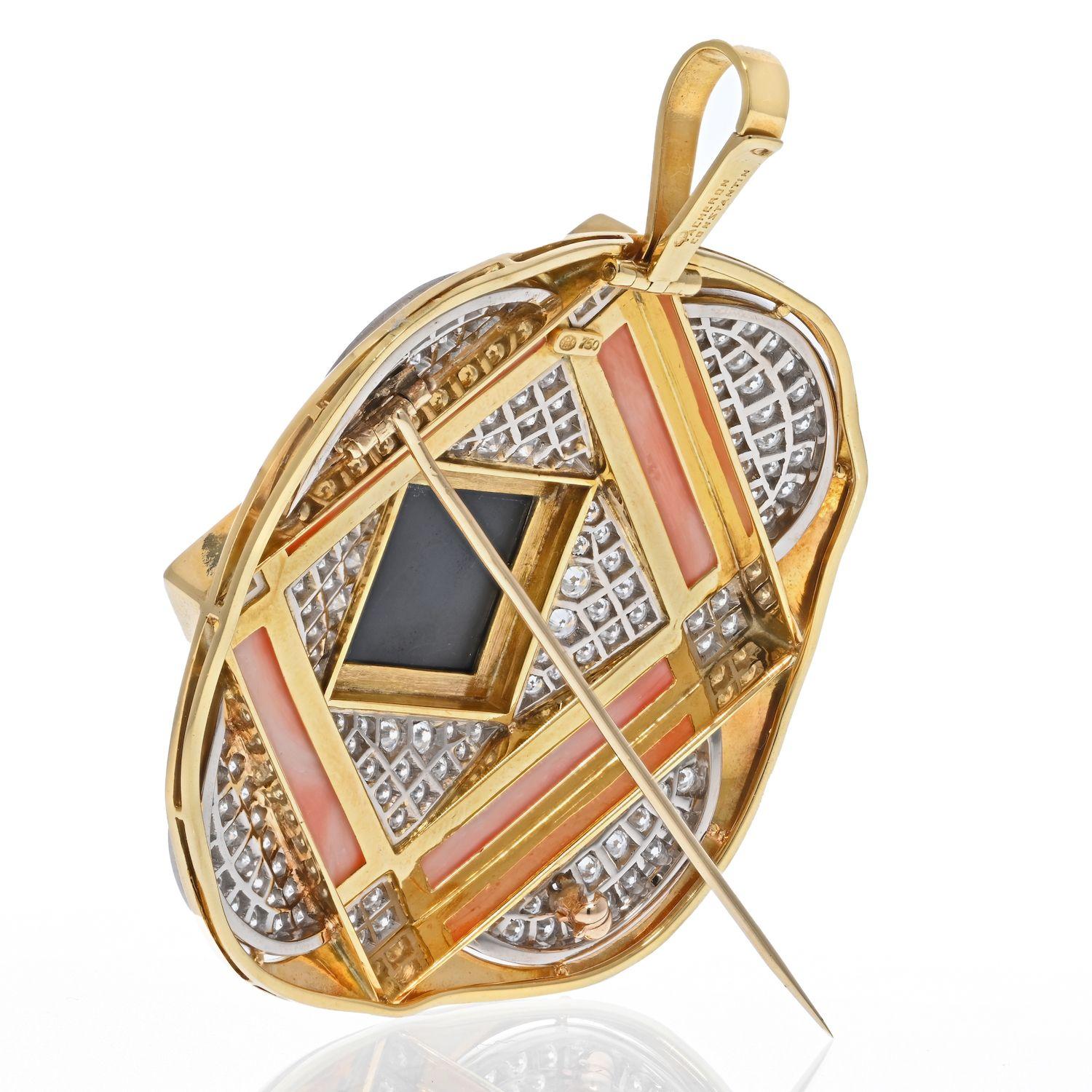 This is a lovely brooch that turns into a pendant by Vacheron Constantin. Classic representation of 1970's jewelry: bold, impressive and colorful. You will love this brooch if you like the 70's, coral and bright colors. 
This brooch is of an