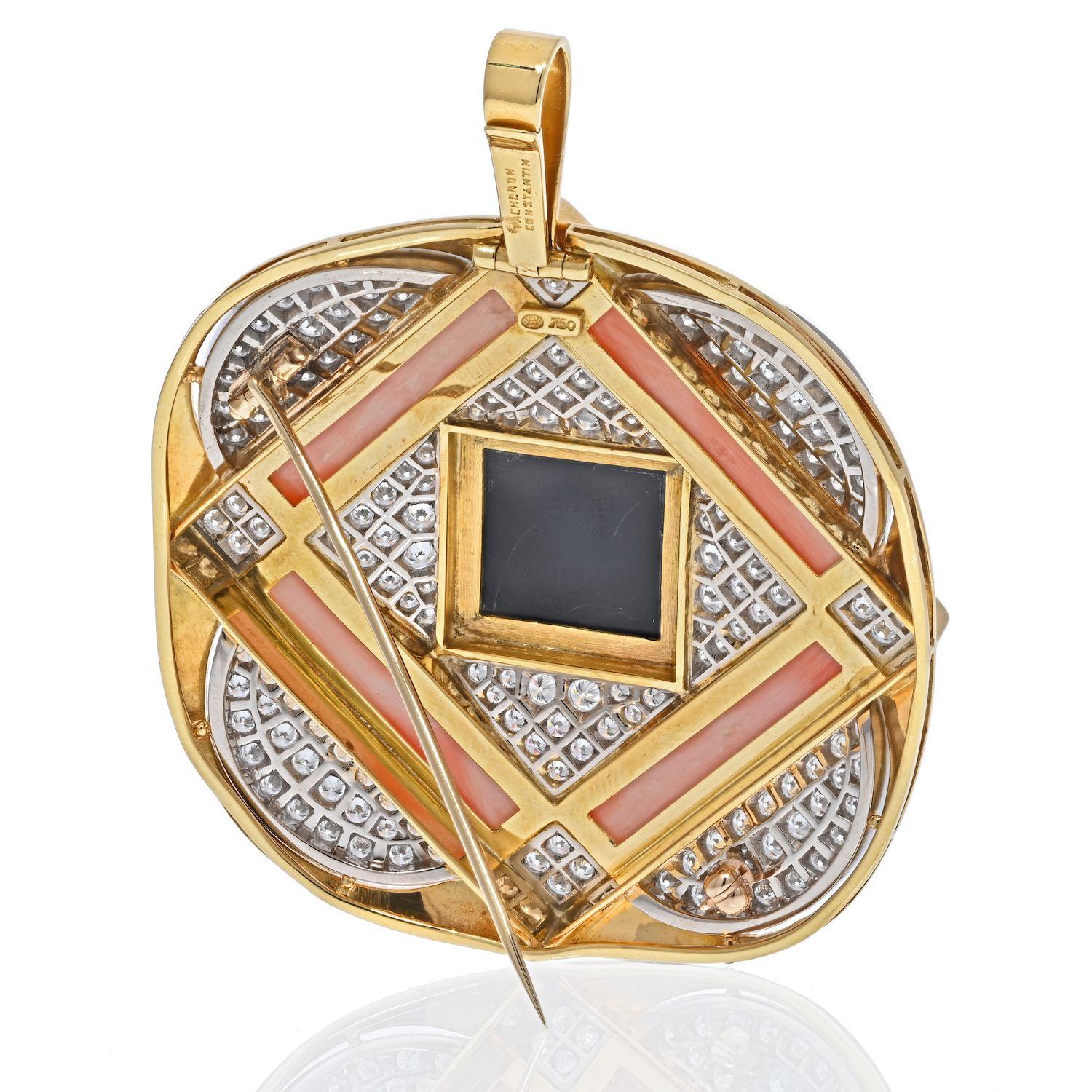 Modern Vacheron Constantin 18K Yellow Gold 1970's Coral, Diamond And Onyx Pendant Brooch For Sale